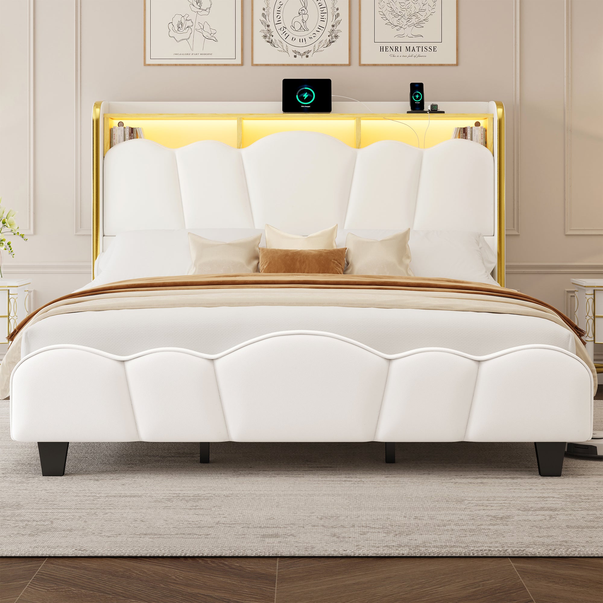 Melora Arch Velvet Bed Frame | LED Headboard Shelf & Charging Station | Queen & King - Image 14
