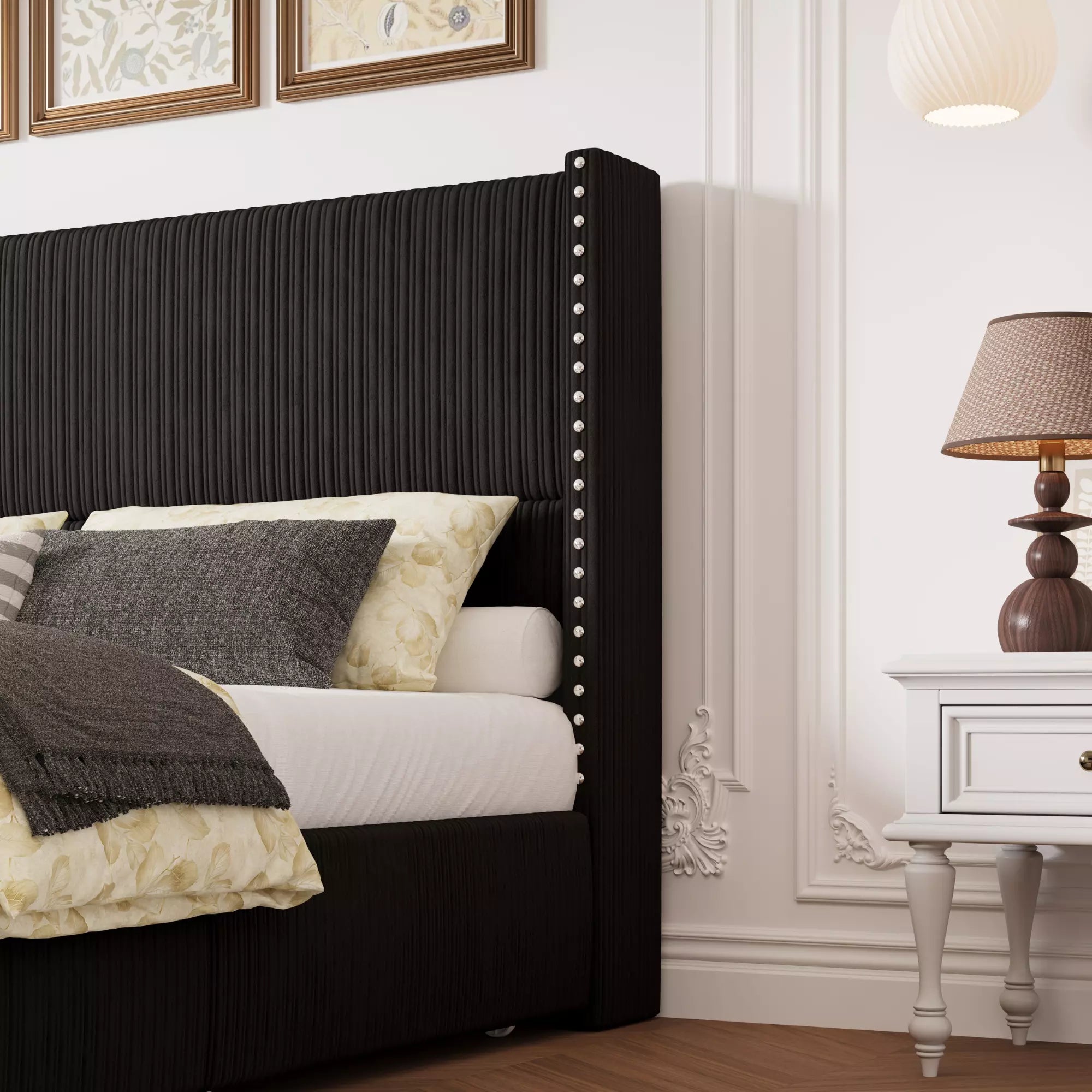 Elysia Corduroy Bed Frame | Channel Tufted Upholstered Platform Bed | Queen & King - Image 13