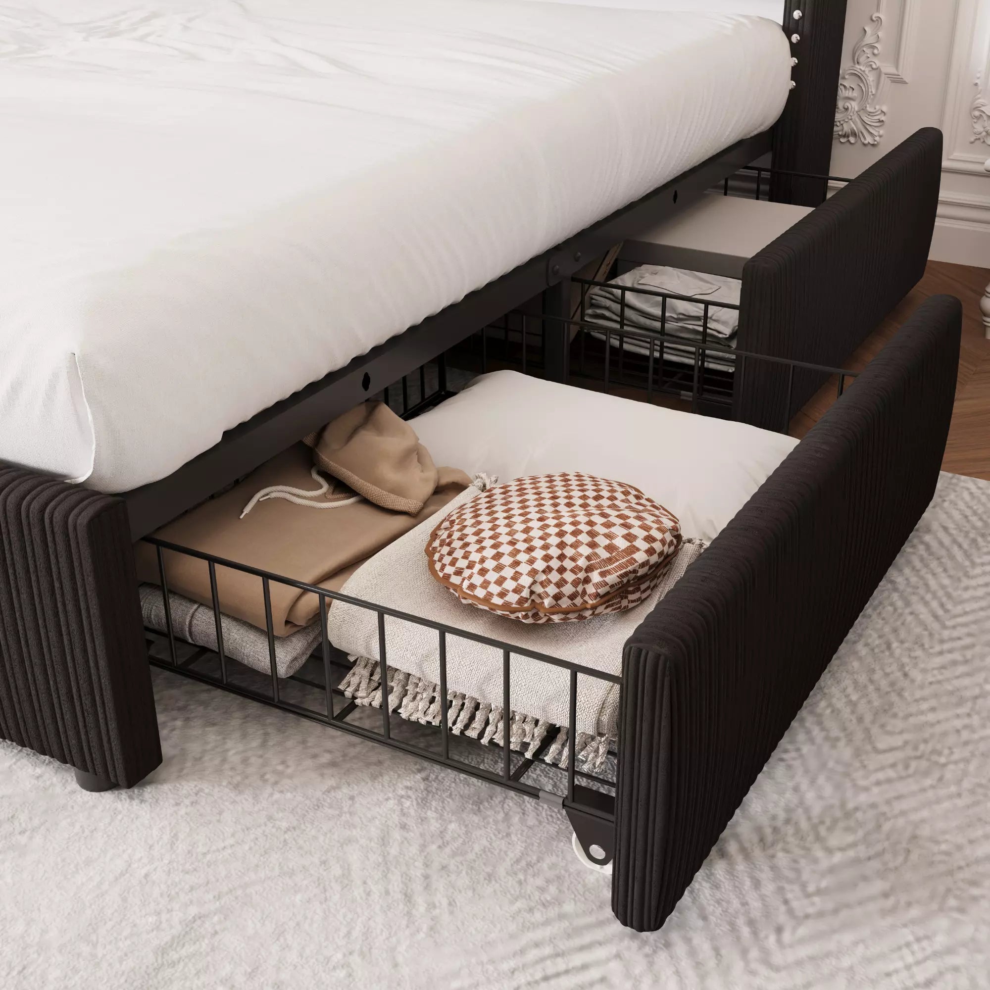 Elysia Corduroy Bed Frame | Channel Tufted Upholstered Platform Bed | Queen & King - Image 15