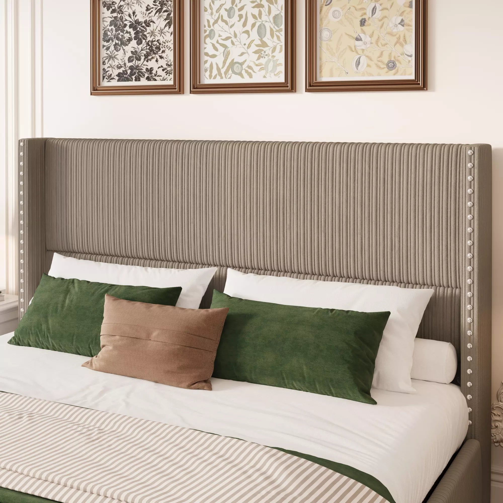 Elysia Corduroy Bed Frame | Channel Tufted Upholstered Platform Bed | Queen & King - Image 19
