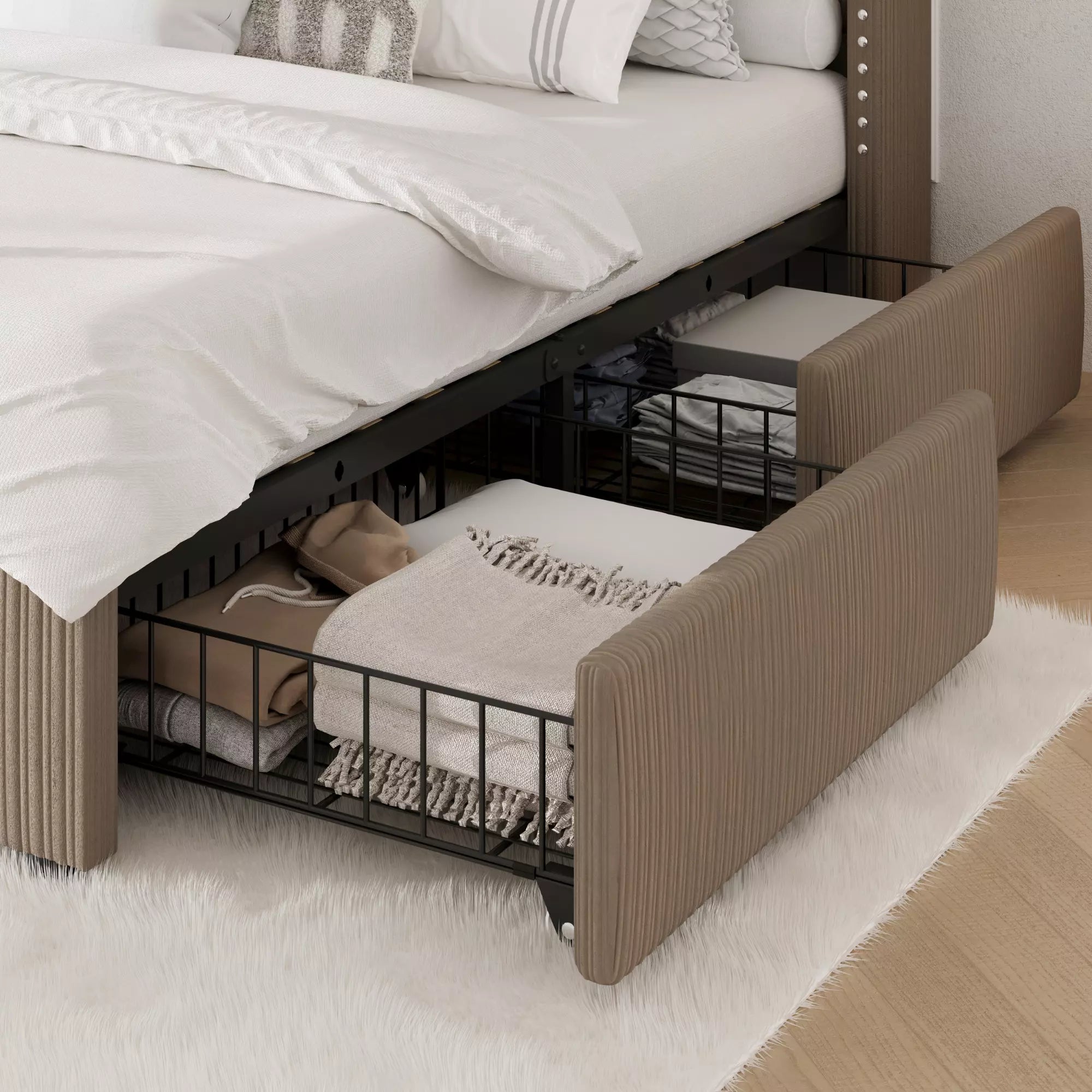 Elysia Corduroy Bed Frame | Channel Tufted Upholstered Platform Bed | Queen & King - Image 20