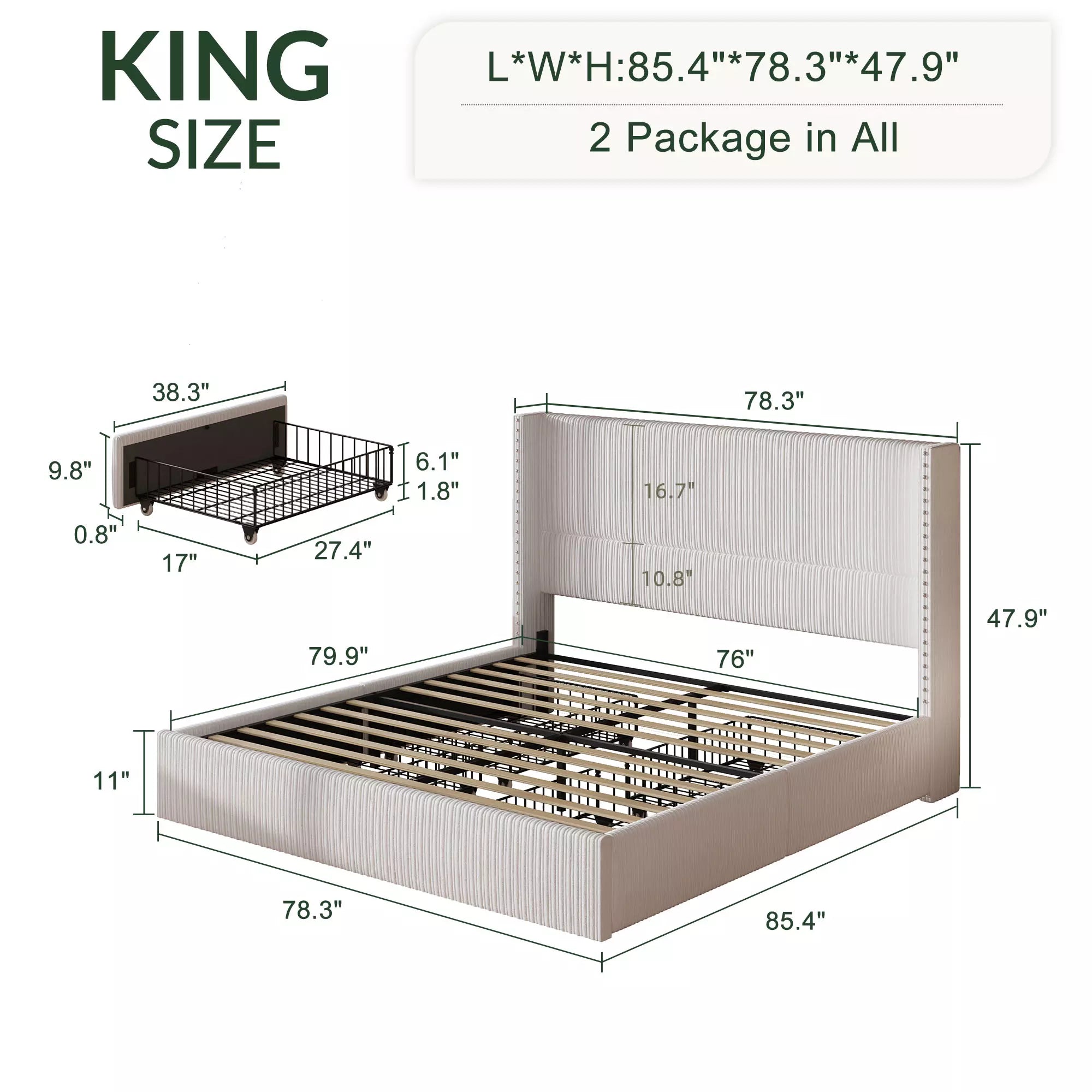 Elysia Corduroy Bed Frame | Channel Tufted Upholstered Platform Bed | Queen & King - Image 4