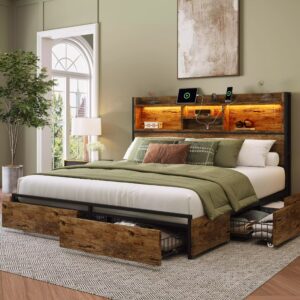 Strato King Size Wood Platform Bed Frame | 6 Storage Drawers, RGB LED & Charging Station | King