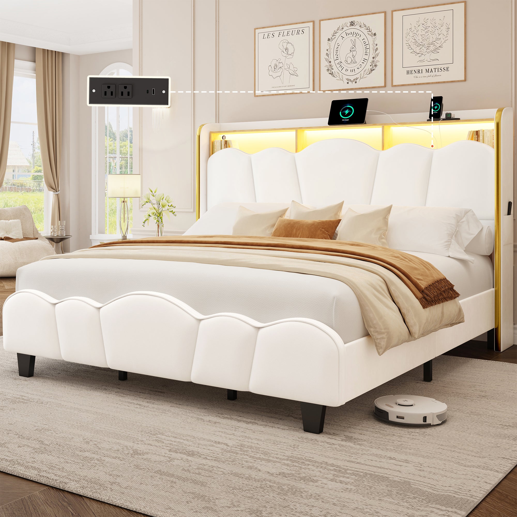 Melora Arch Velvet Bed Frame | LED Headboard Shelf & Charging Station | Queen & King - Image 12