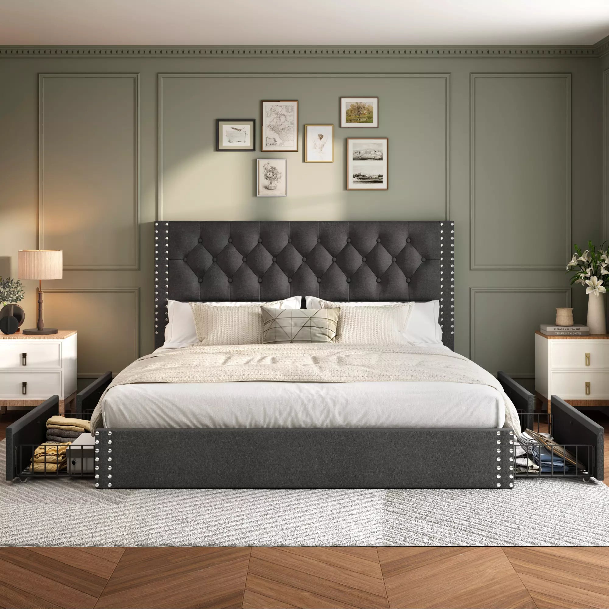 Vella Linen Bed Frame with Storage Drawers | Upholstered Platform Bed | Queen & King - Image 8
