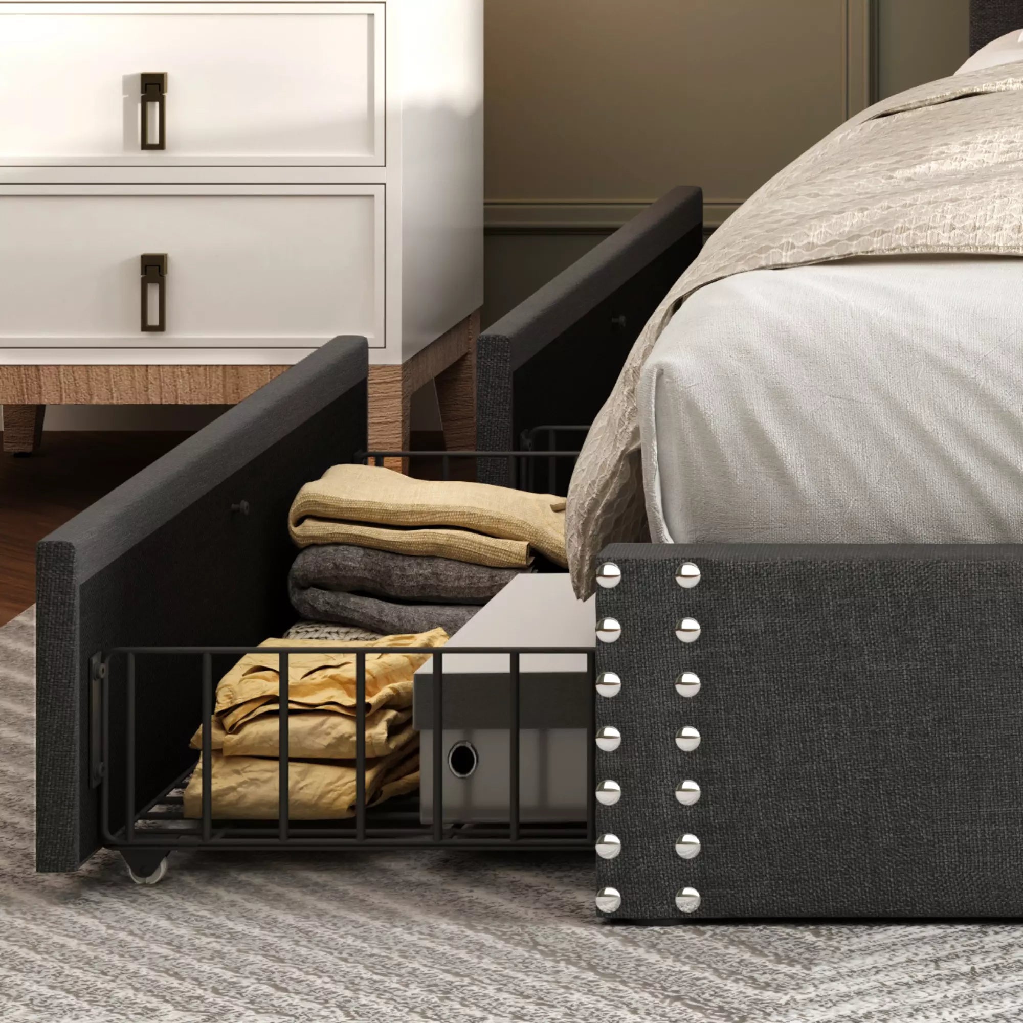 Vella Linen Bed Frame with Storage Drawers | Upholstered Platform Bed | Queen & King - Image 10