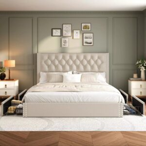Alternative view of Vella Linen Bed Frame with Storage Drawers | Upholstered Platform Bed | Queen & King