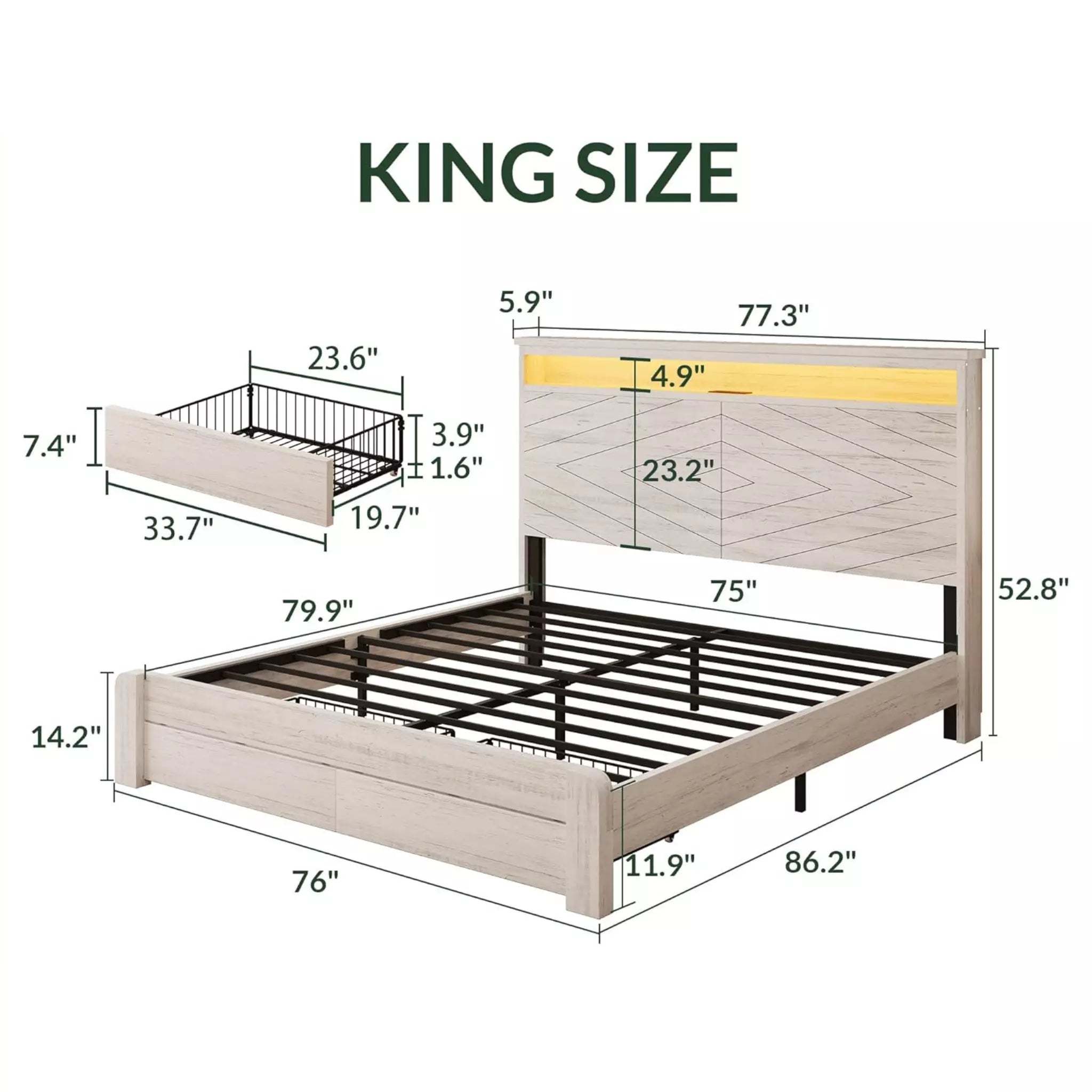Arlo Farmhouse Platform Bed Frame | Storage Shelf Headboard, LED Lights & Charging Hub | Queen & King - Image 5
