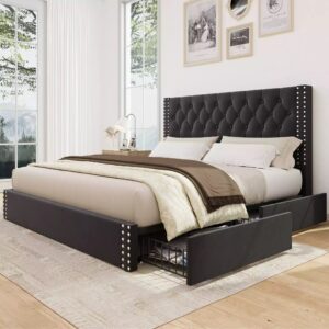 Veva Velvet Bed Frame | Tufted Headboard & 4 Storage Drawers | Queen & King