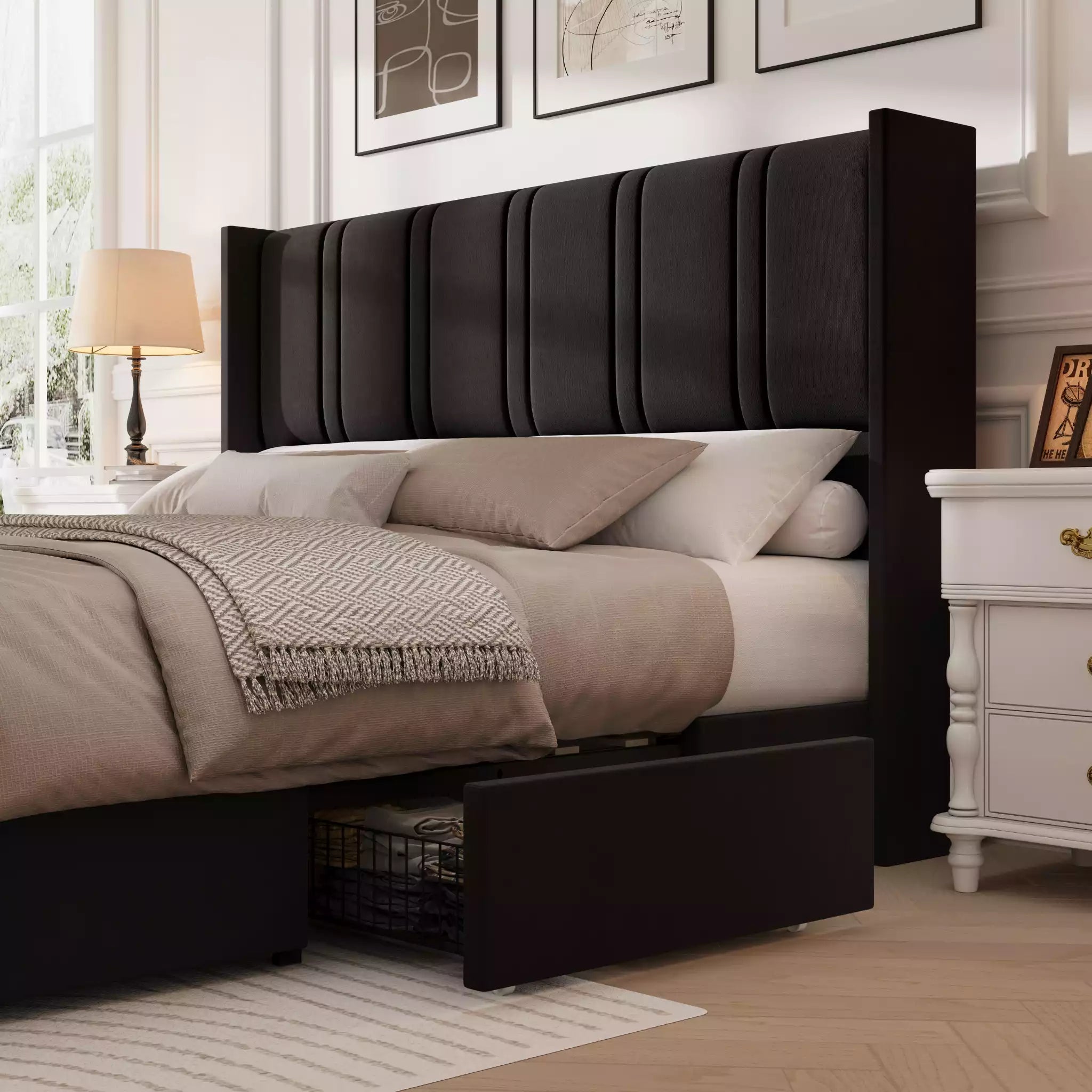 Modro Linen Bed Frame with Storage Drawers | Wingback Headboard | Queen & King - Image 24