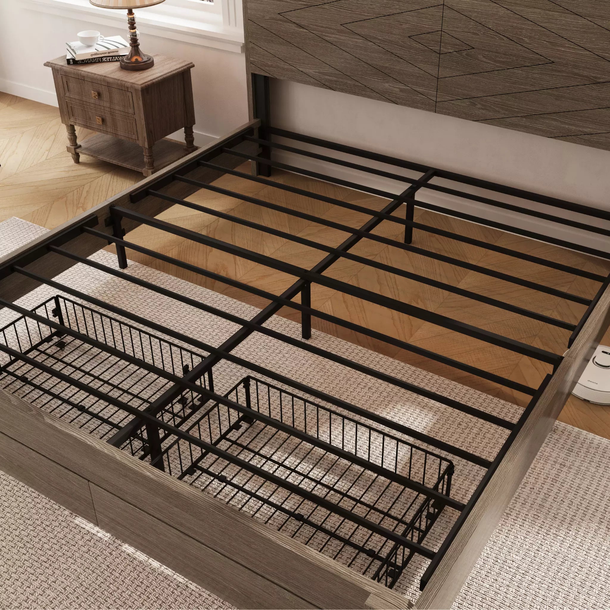 Arlo Farmhouse Platform Bed Frame | Storage Shelf Headboard, LED Lights & Charging Hub | Queen & King - Image 17