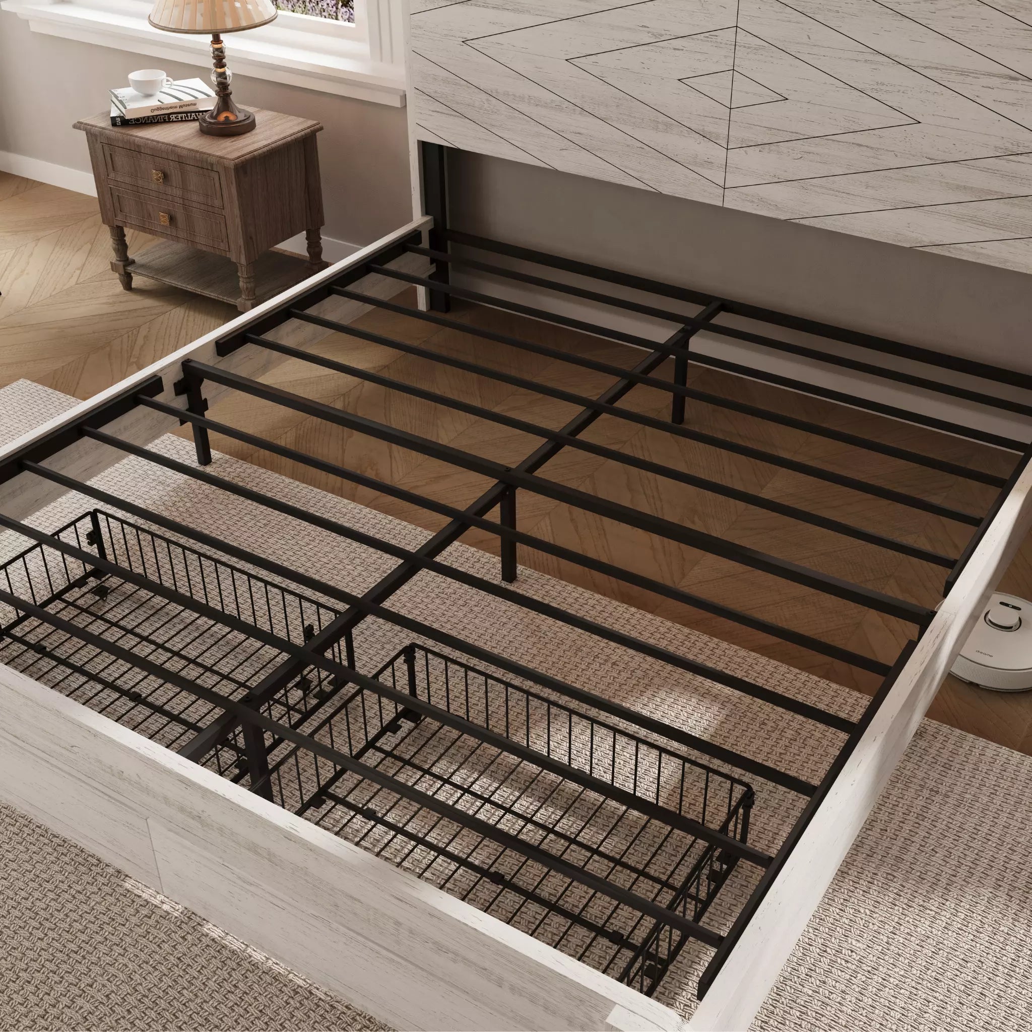 Arlo Farmhouse Platform Bed Frame | Storage Shelf Headboard, LED Lights & Charging Hub | Queen & King - Image 20