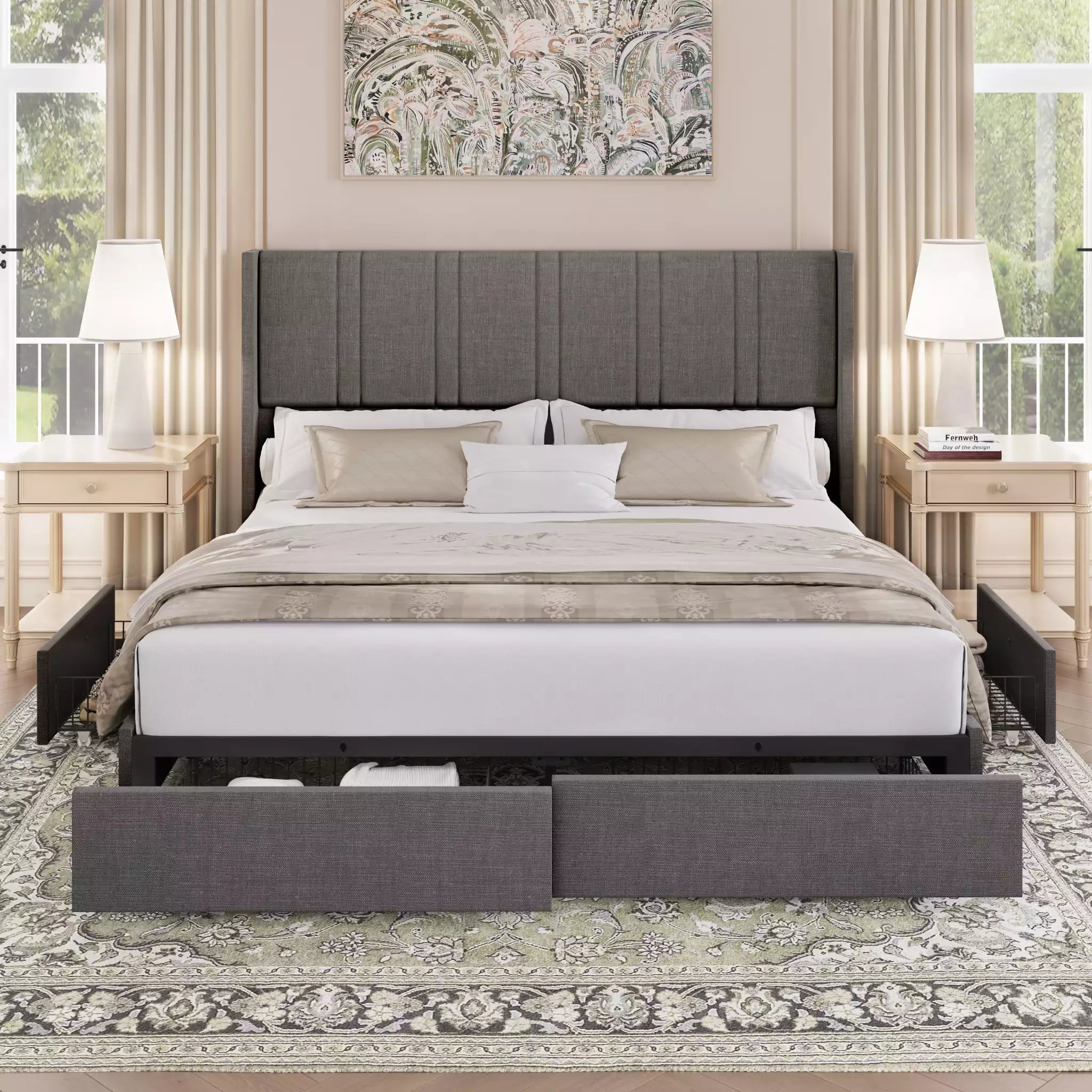 Modro Linen Bed Frame with Storage Drawers | Wingback Headboard | Queen & King - Image 18