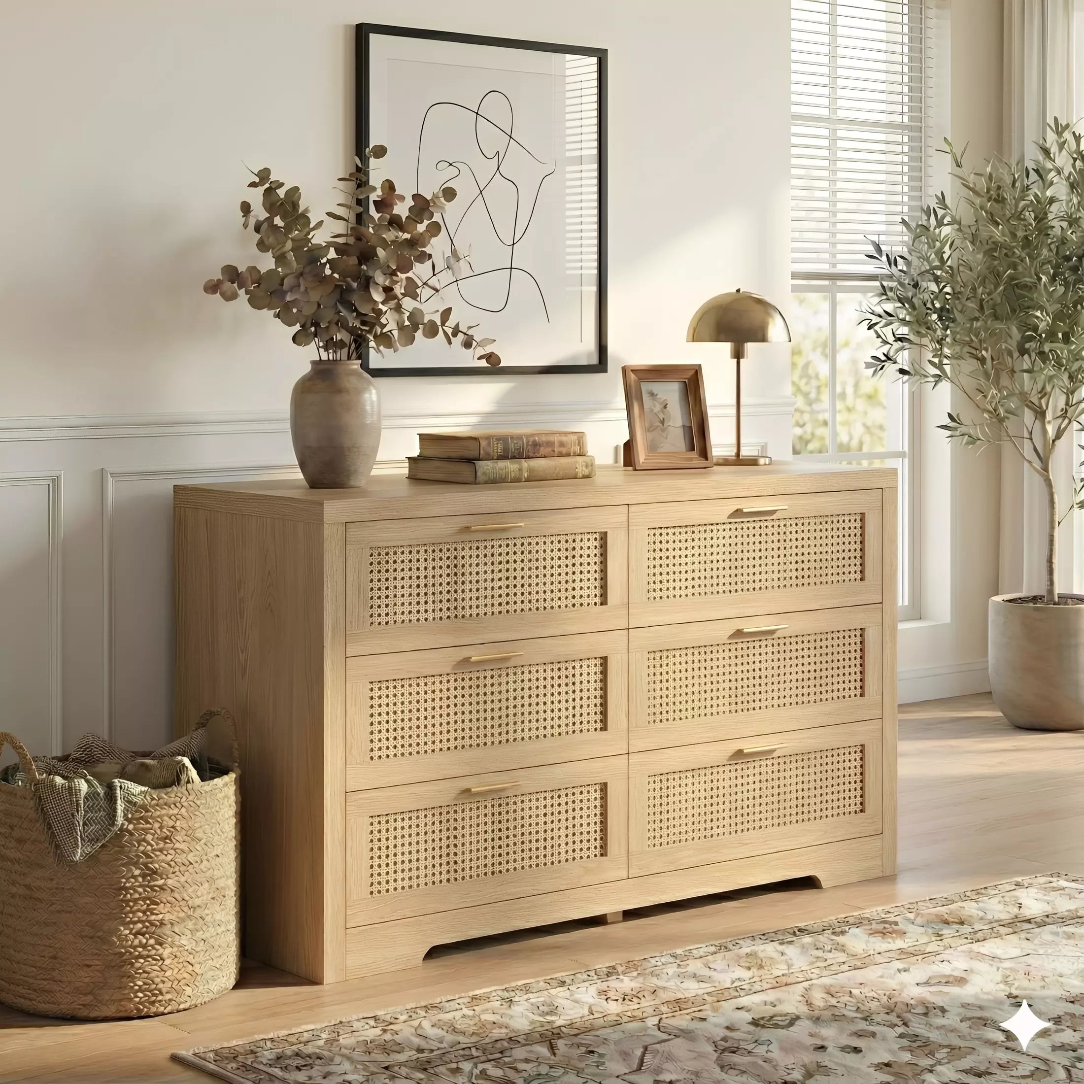 Rattan 6 Drawer Dresser | Handmade Boho Style Bedroom Organizer | Walnut & Oak - Image 11