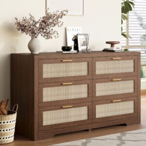 Rattan 6 Drawer Dresser | Handmade Boho Style Bedroom Organizer | Walnut & Oak