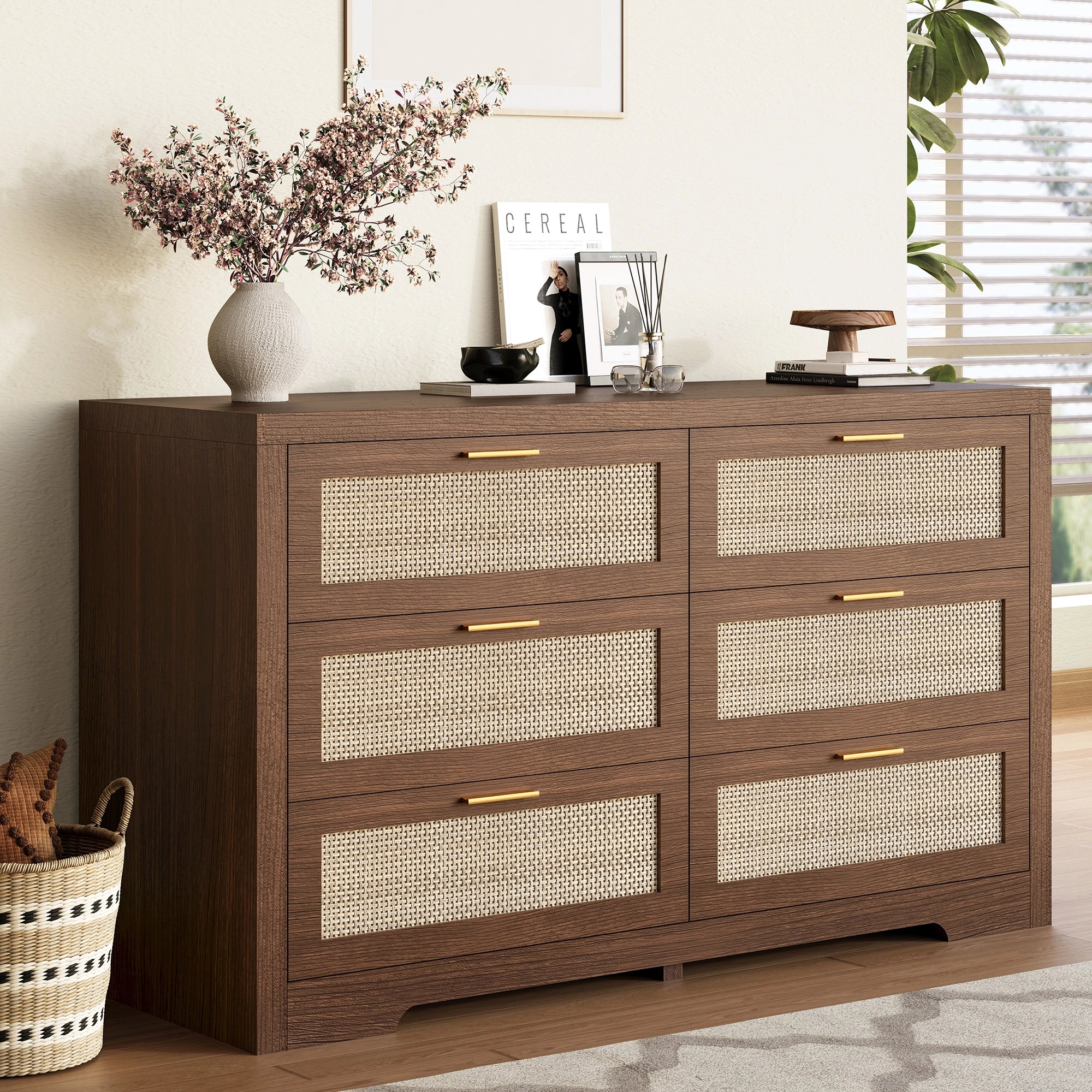 Rattan 6 Drawer Dresser | Handmade Boho Style Bedroom Organizer | Walnut & Oak