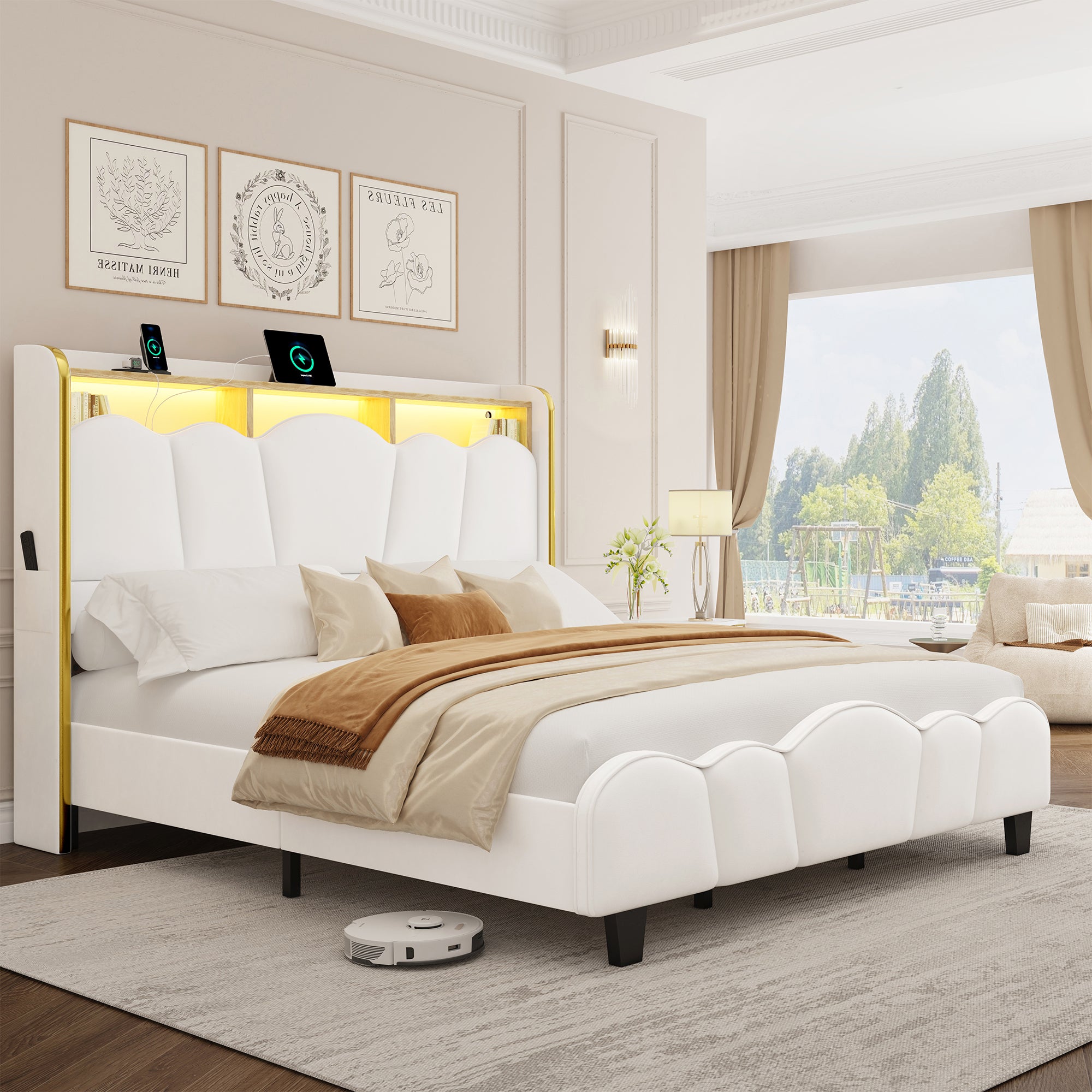 Melora Arch Velvet Bed Frame | LED Headboard Shelf & Charging Station | Queen & King - Image 20
