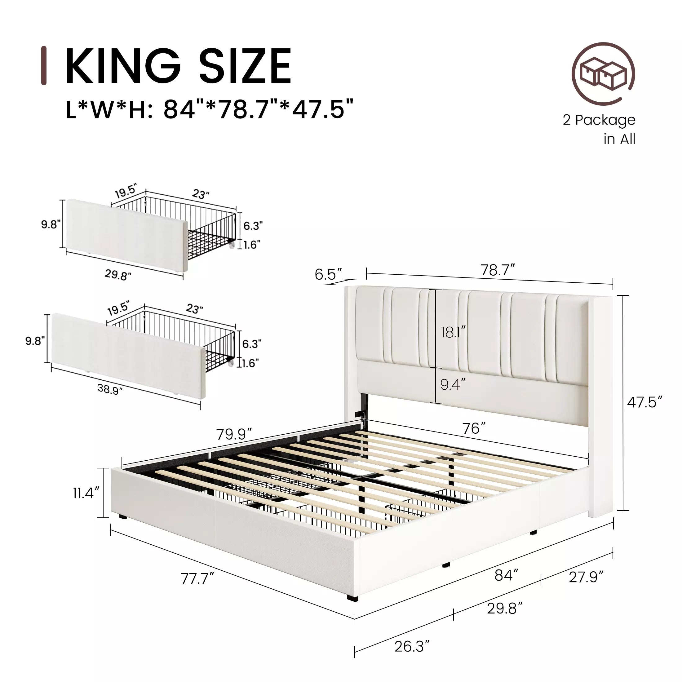 Modro Linen Bed Frame with Storage Drawers | Wingback Headboard | Queen & King - Image 7