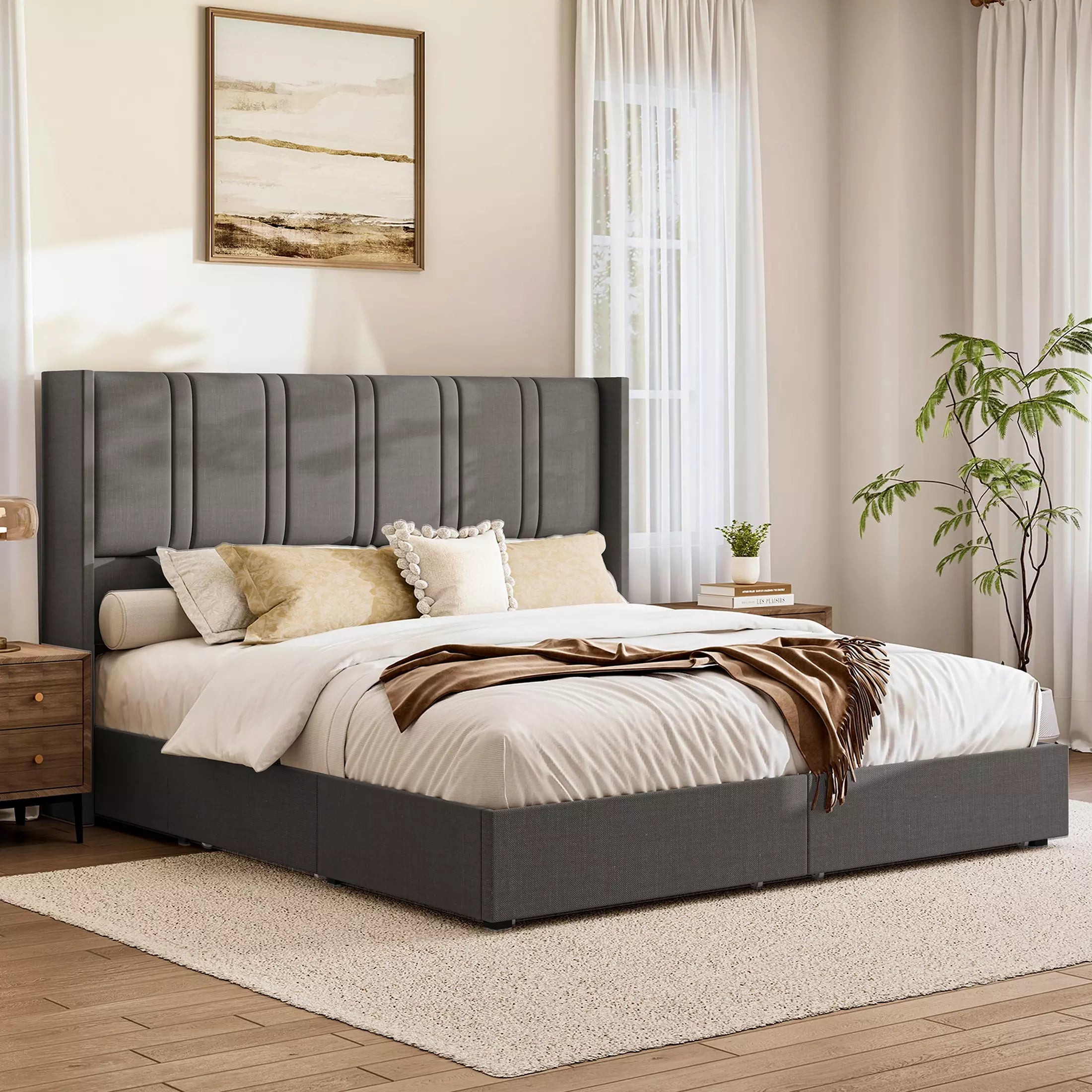 Modro Linen Bed Frame with Storage Drawers | Wingback Headboard | Queen & King - Image 13