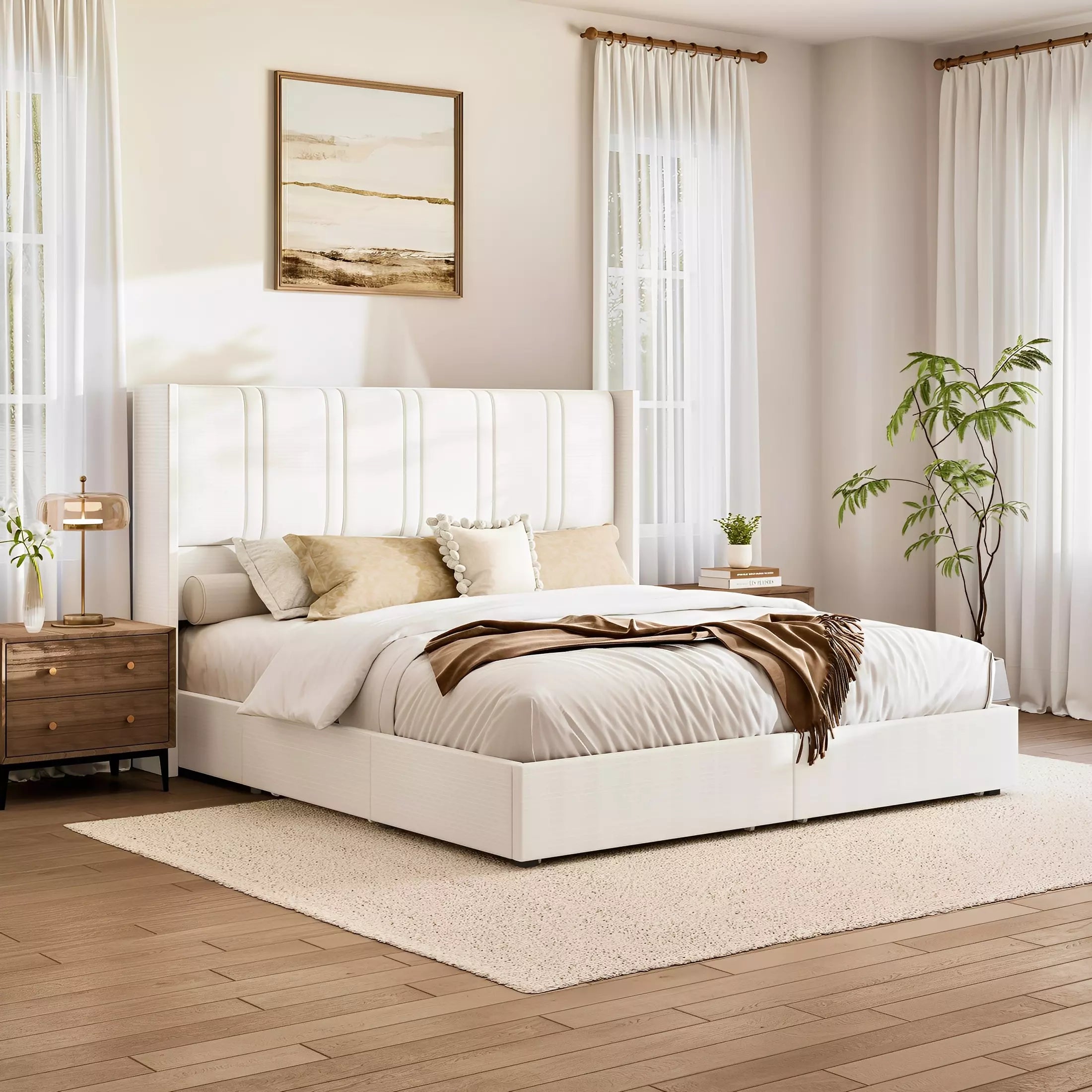 Modro Linen Bed Frame with Storage Drawers | Wingback Headboard | Queen & King - Image 4