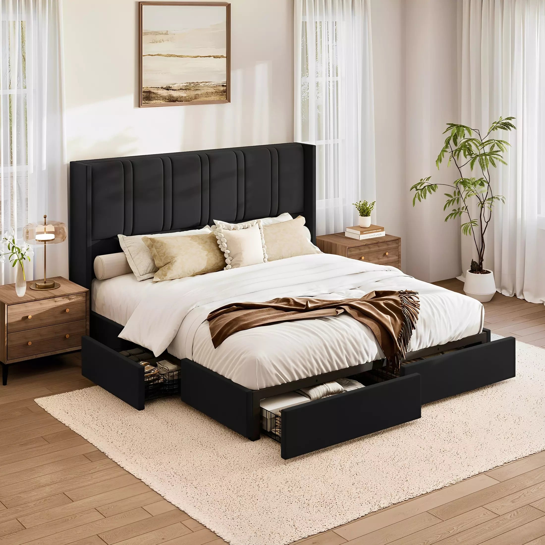 Modro Linen Bed Frame with Storage Drawers | Wingback Headboard | Queen & King - Image 20