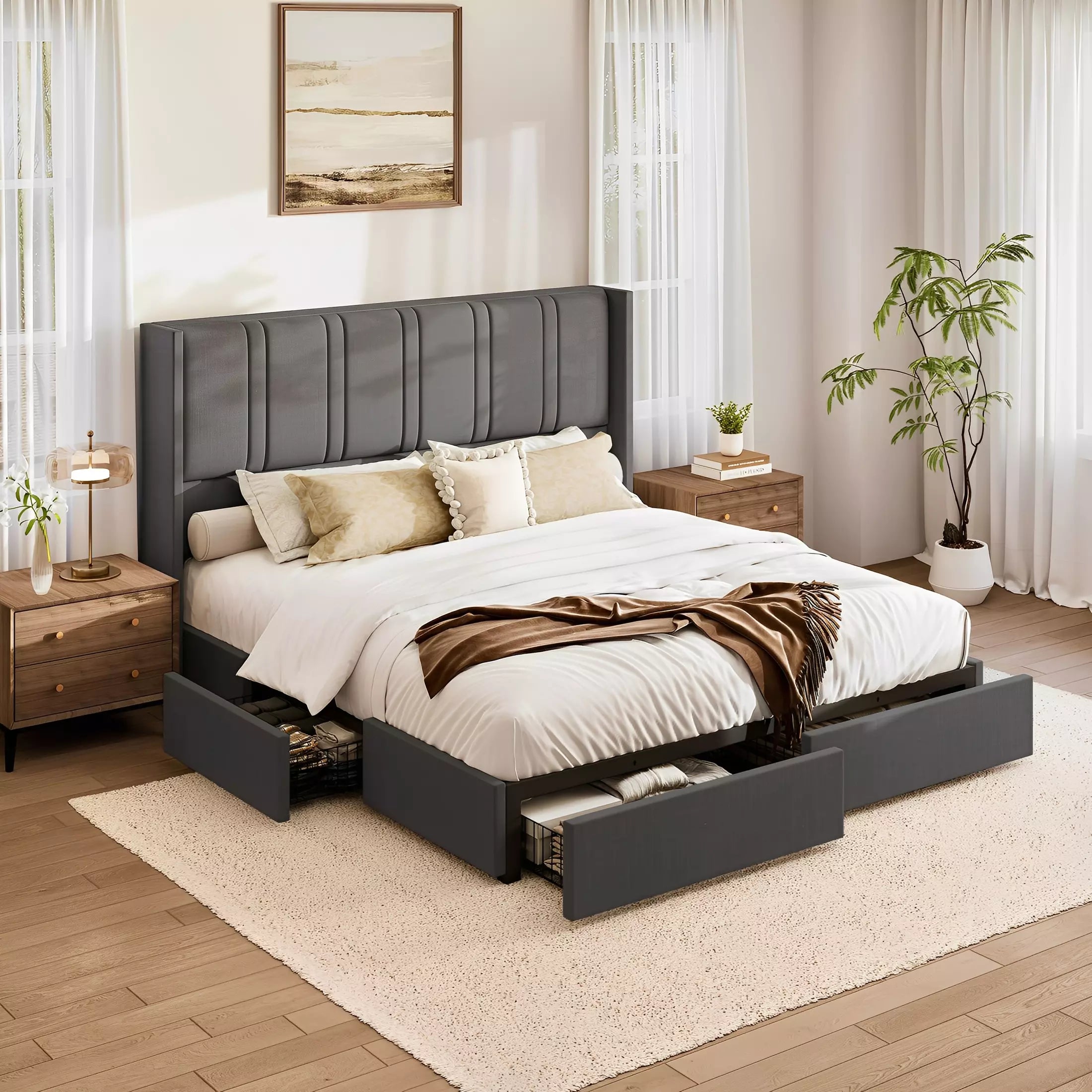 Modro Linen Bed Frame with Storage Drawers | Wingback Headboard | Queen & King - Image 12
