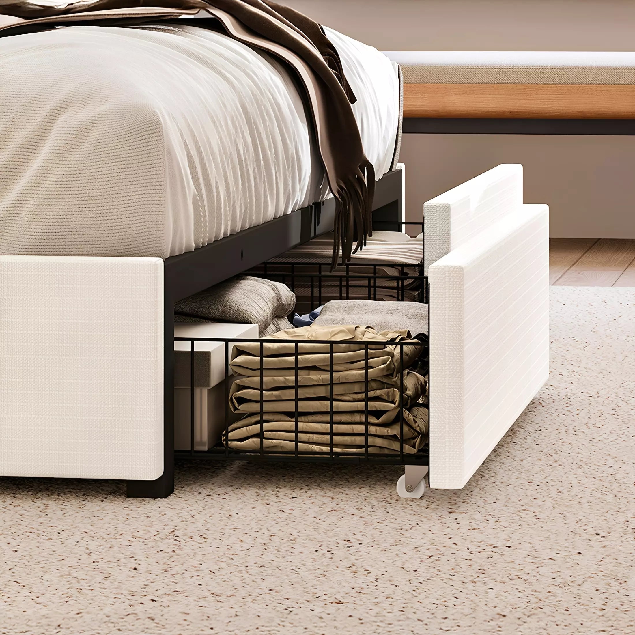 Modro Linen Bed Frame with Storage Drawers | Wingback Headboard | Queen & King - Image 10