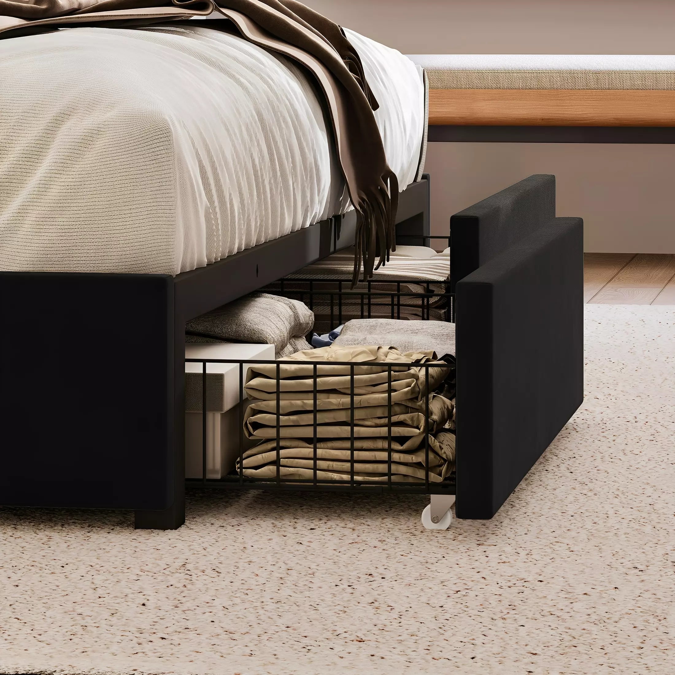 Modro Linen Bed Frame with Storage Drawers | Wingback Headboard | Queen & King - Image 25