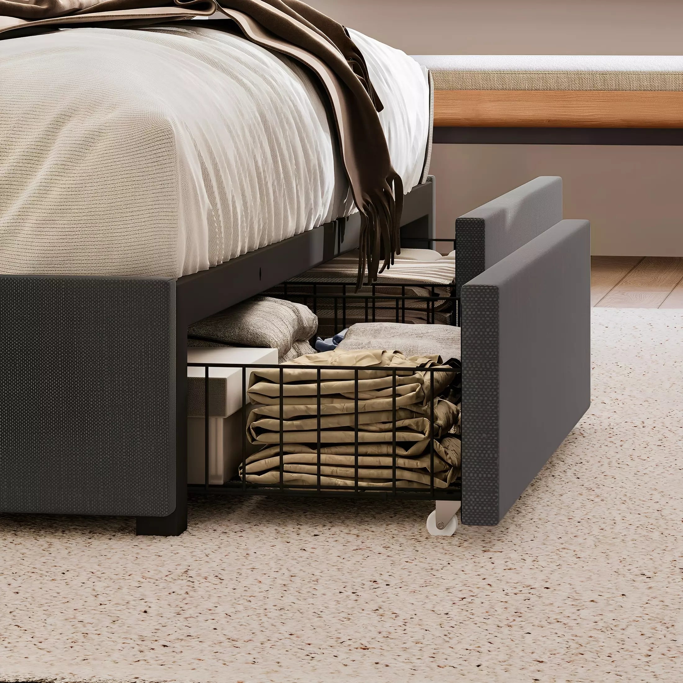 Modro Linen Bed Frame with Storage Drawers | Wingback Headboard | Queen & King - Image 17