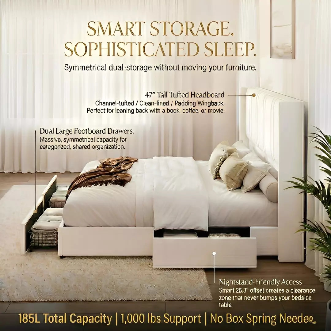 Modro Linen Bed Frame with Storage Drawers | Wingback Headboard | Queen & King - Image 8