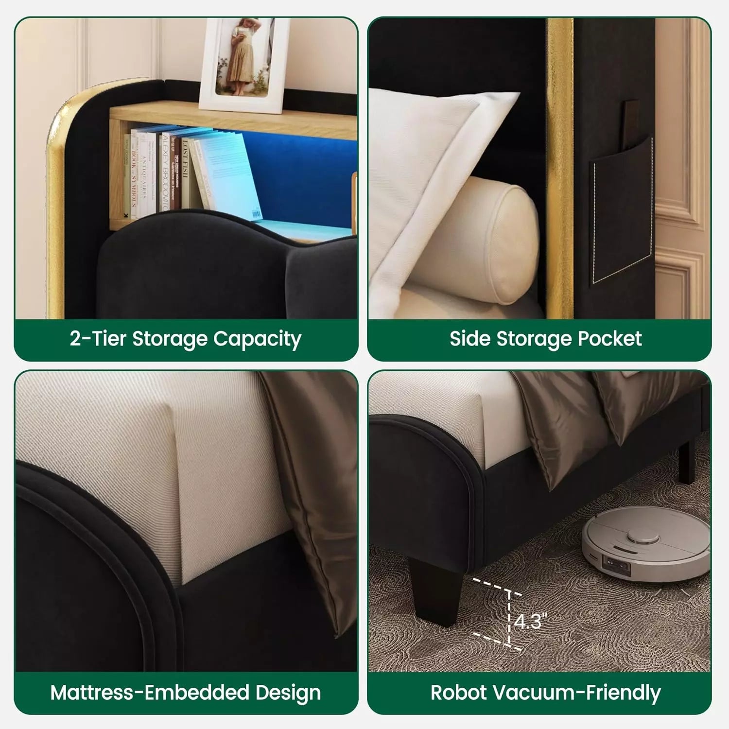 Melora Arch Velvet Bed Frame | LED Headboard Shelf & Charging Station | Queen & King - Image 6