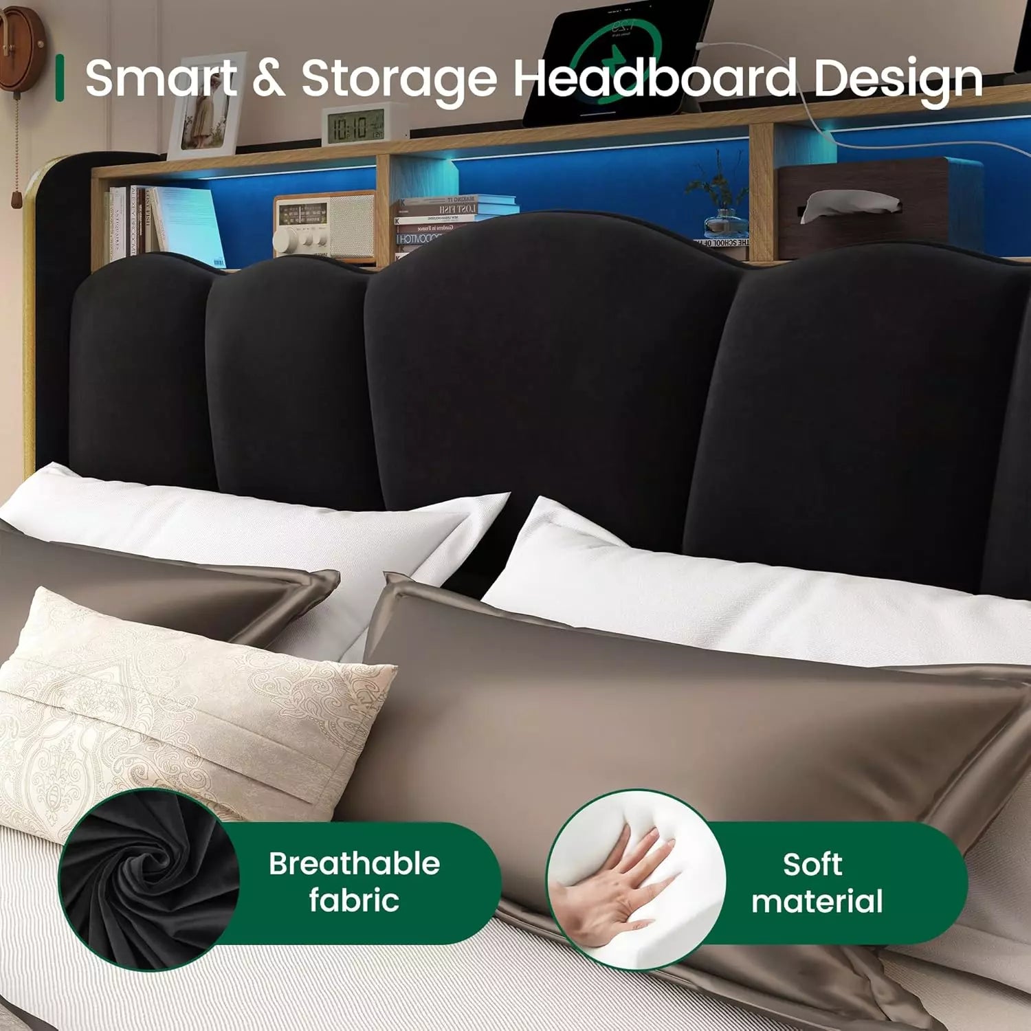 Melora Arch Velvet Bed Frame | LED Headboard Shelf & Charging Station | Queen & King - Image 5