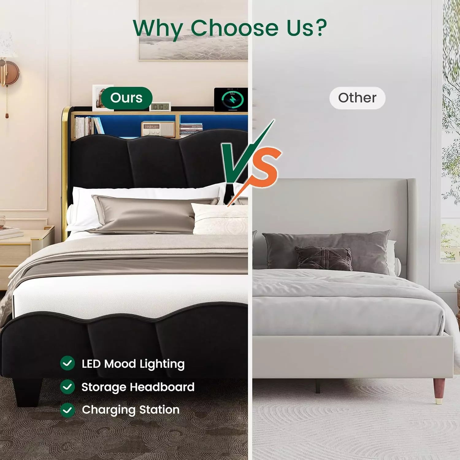 Melora Arch Velvet Bed Frame | LED Headboard Shelf & Charging Station | Queen & King - Image 8
