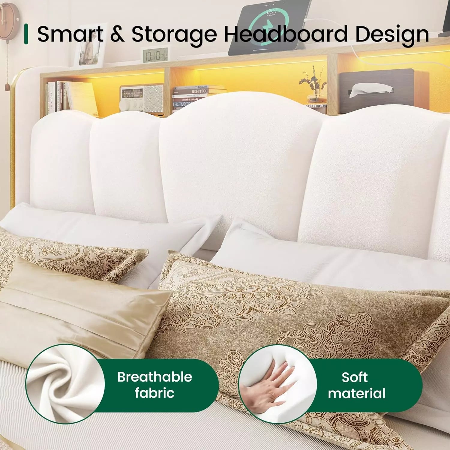 Melora Arch Velvet Bed Frame | LED Headboard Shelf & Charging Station | Queen & King - Image 15