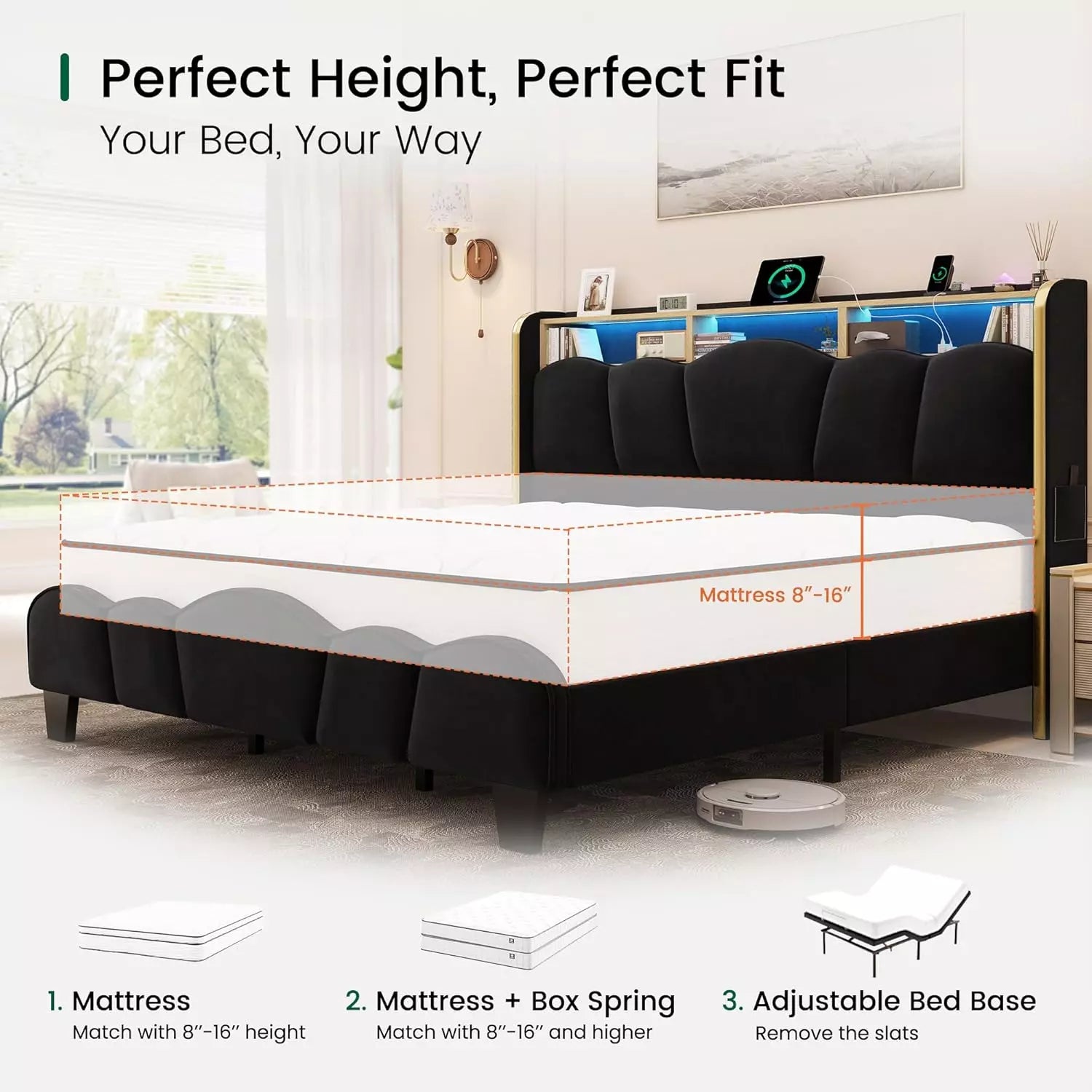 Melora Arch Velvet Bed Frame | LED Headboard Shelf & Charging Station | Queen & King - Image 10