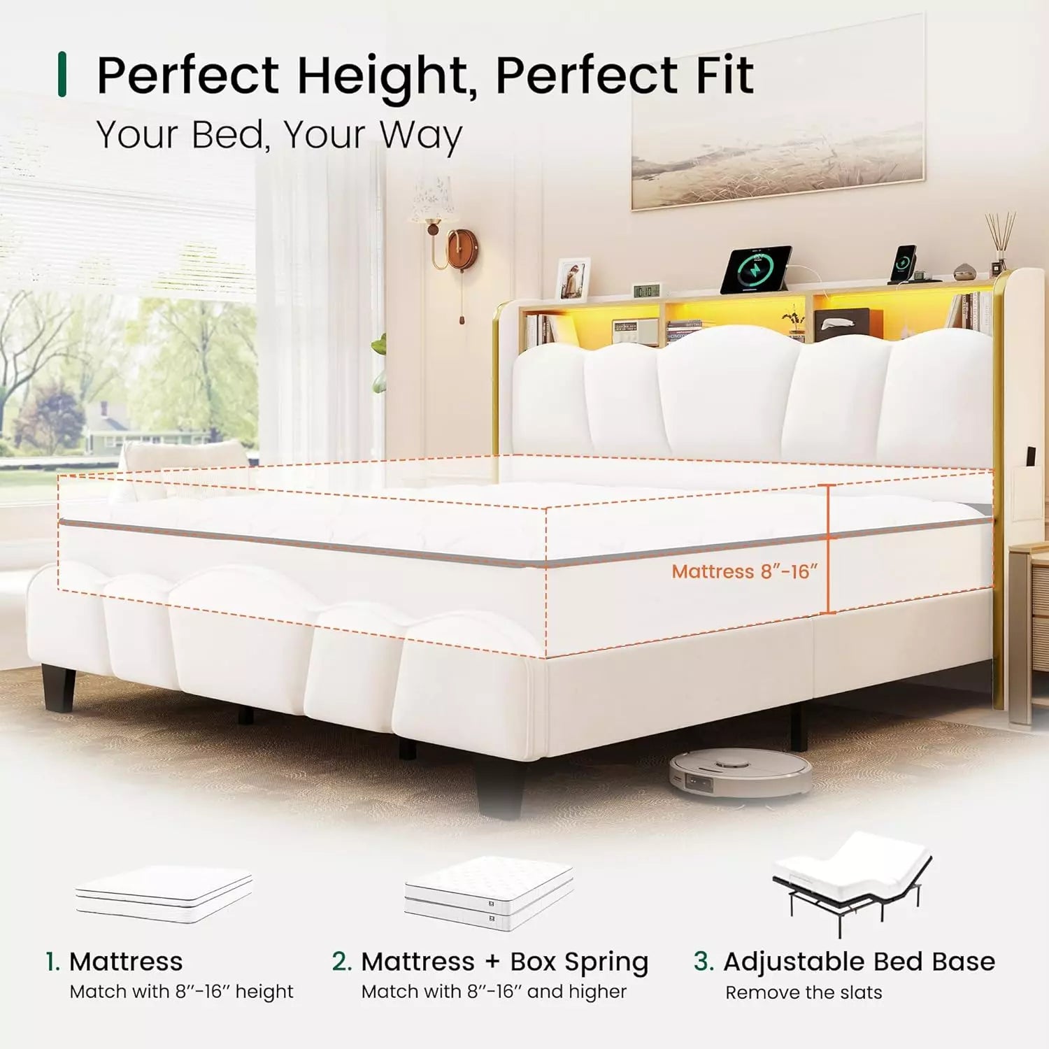 Melora Arch Velvet Bed Frame | LED Headboard Shelf & Charging Station | Queen & King - Image 19