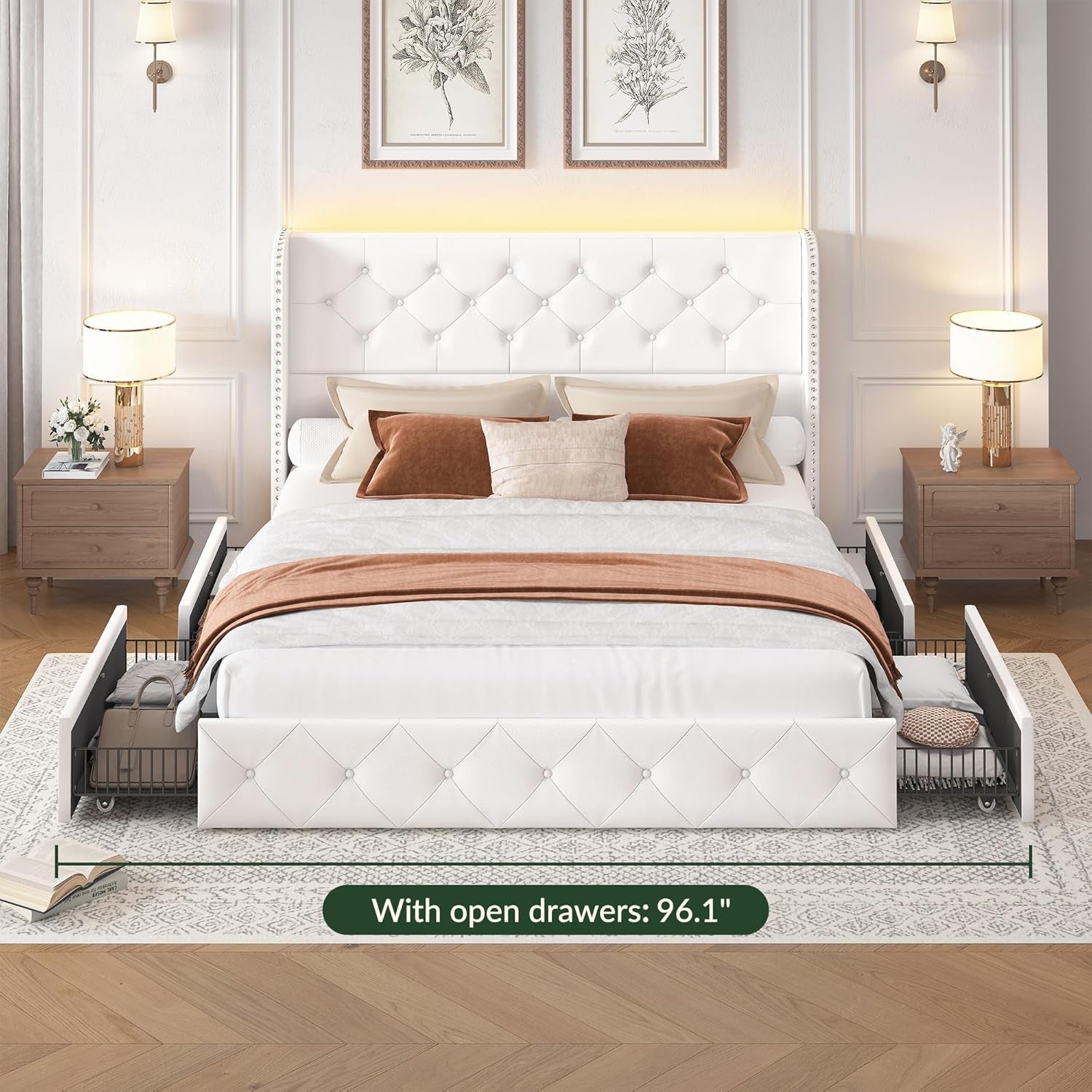 Korav Velvet Bed Frame with RGB LED Lights & Storage Drawers | Tufted Wingback Headboard | Queen & King - Image 8