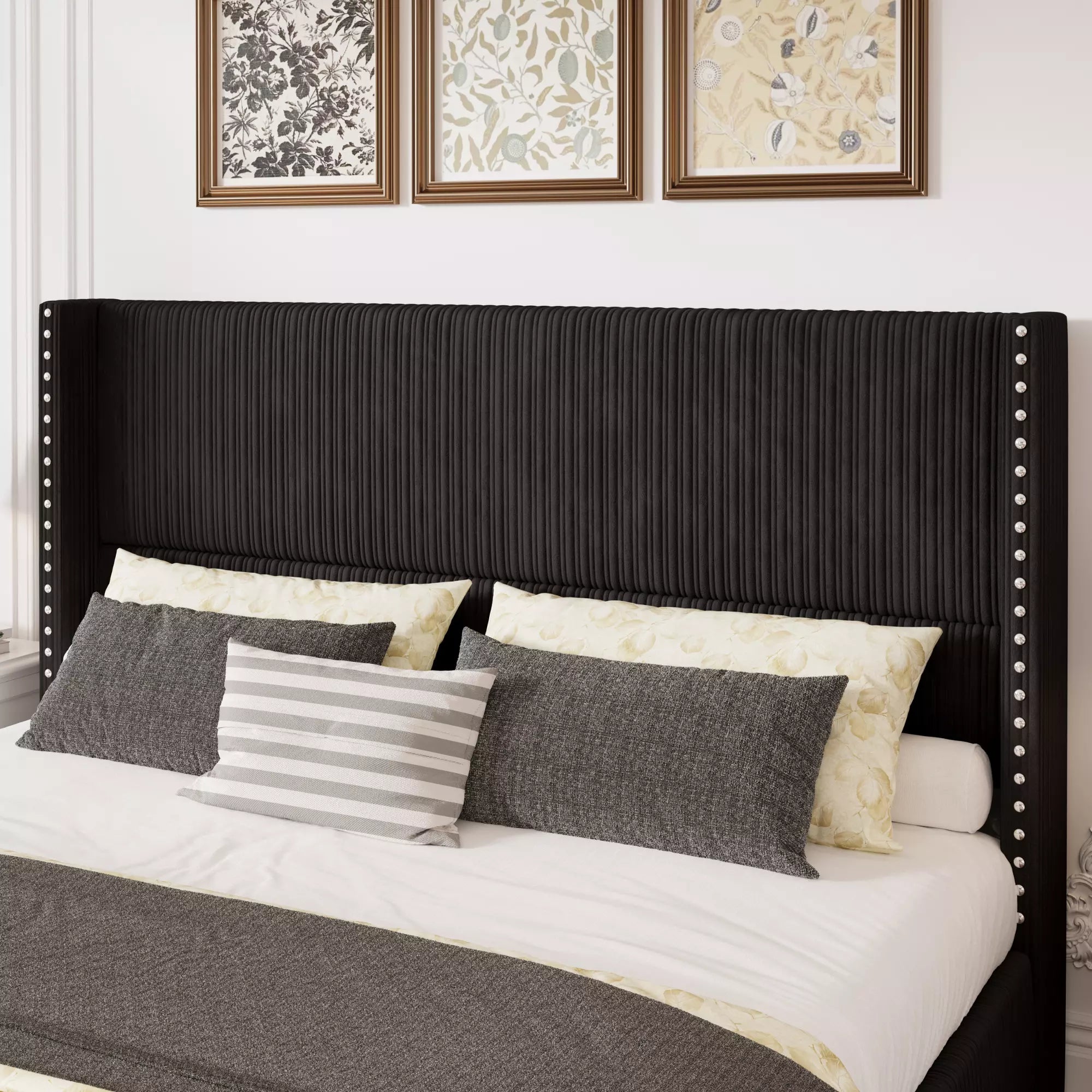 Elysia Corduroy Bed Frame | Channel Tufted Upholstered Platform Bed | Queen & King - Image 14