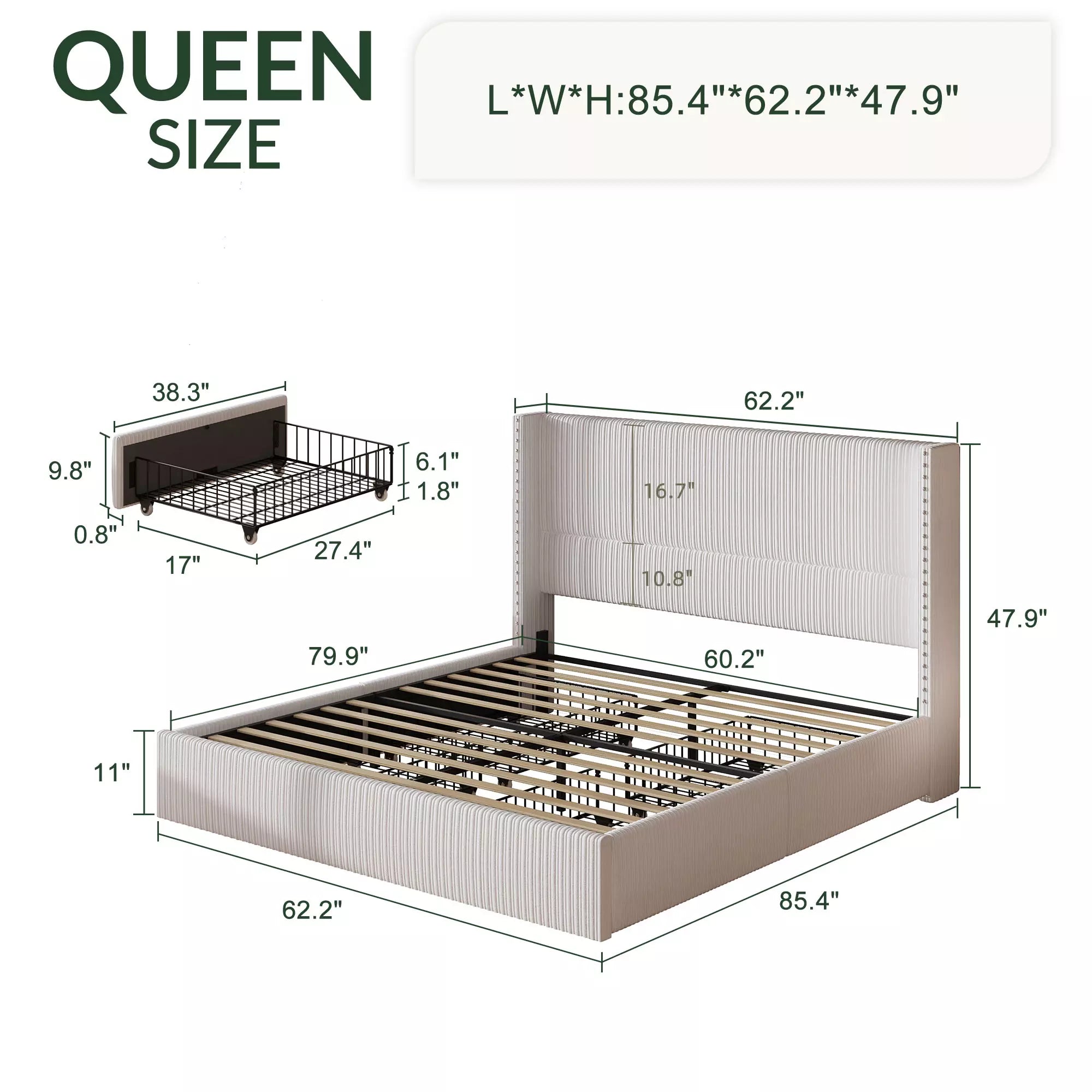 Elysia Corduroy Bed Frame | Channel Tufted Upholstered Platform Bed | Queen & King - Image 3
