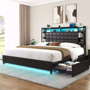 Cubes Bookcase Headboard Bed Frame | 4 Storage Drawers & Charging Station | Queen & King