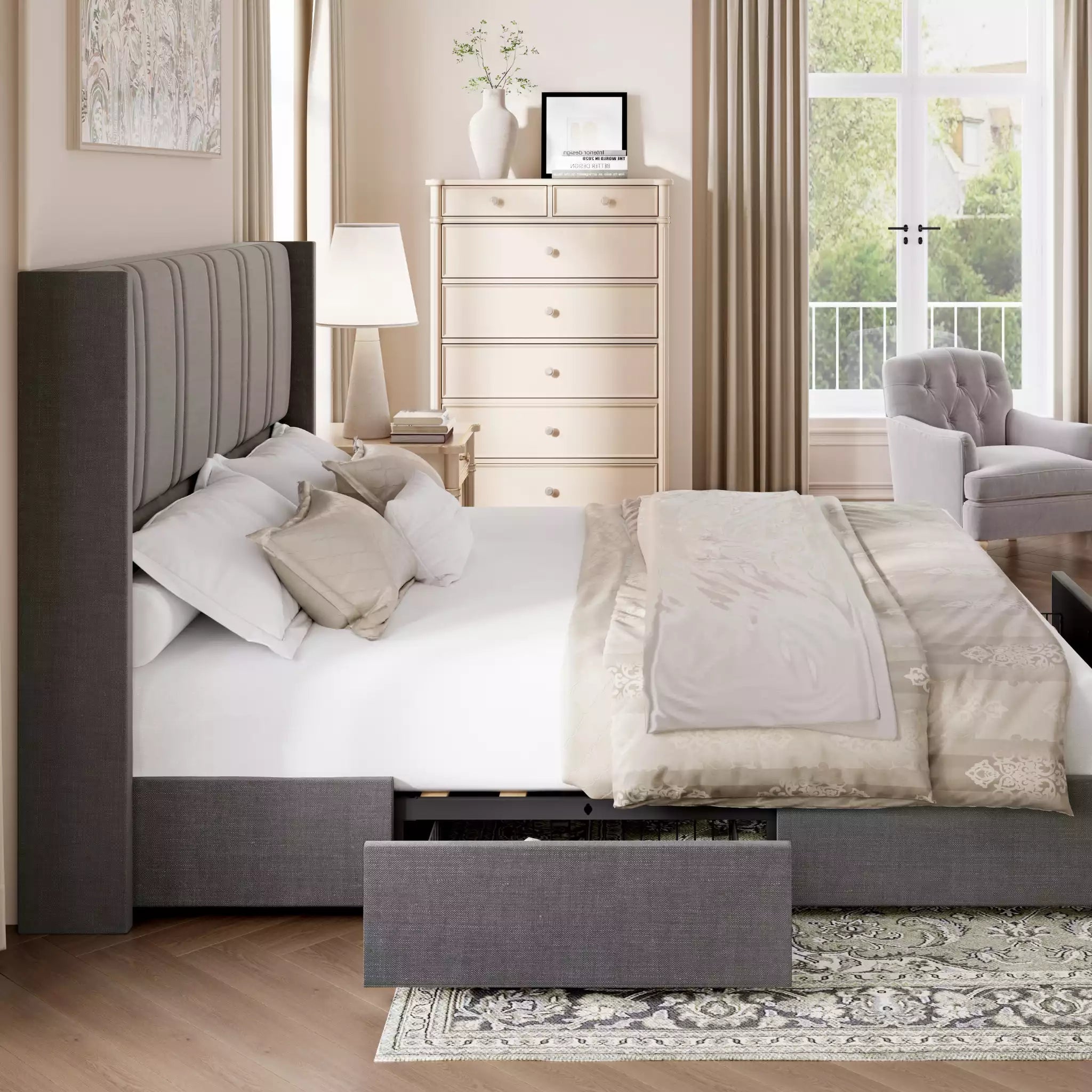 Modro Linen Bed Frame with Storage Drawers | Wingback Headboard | Queen & King - Image 16