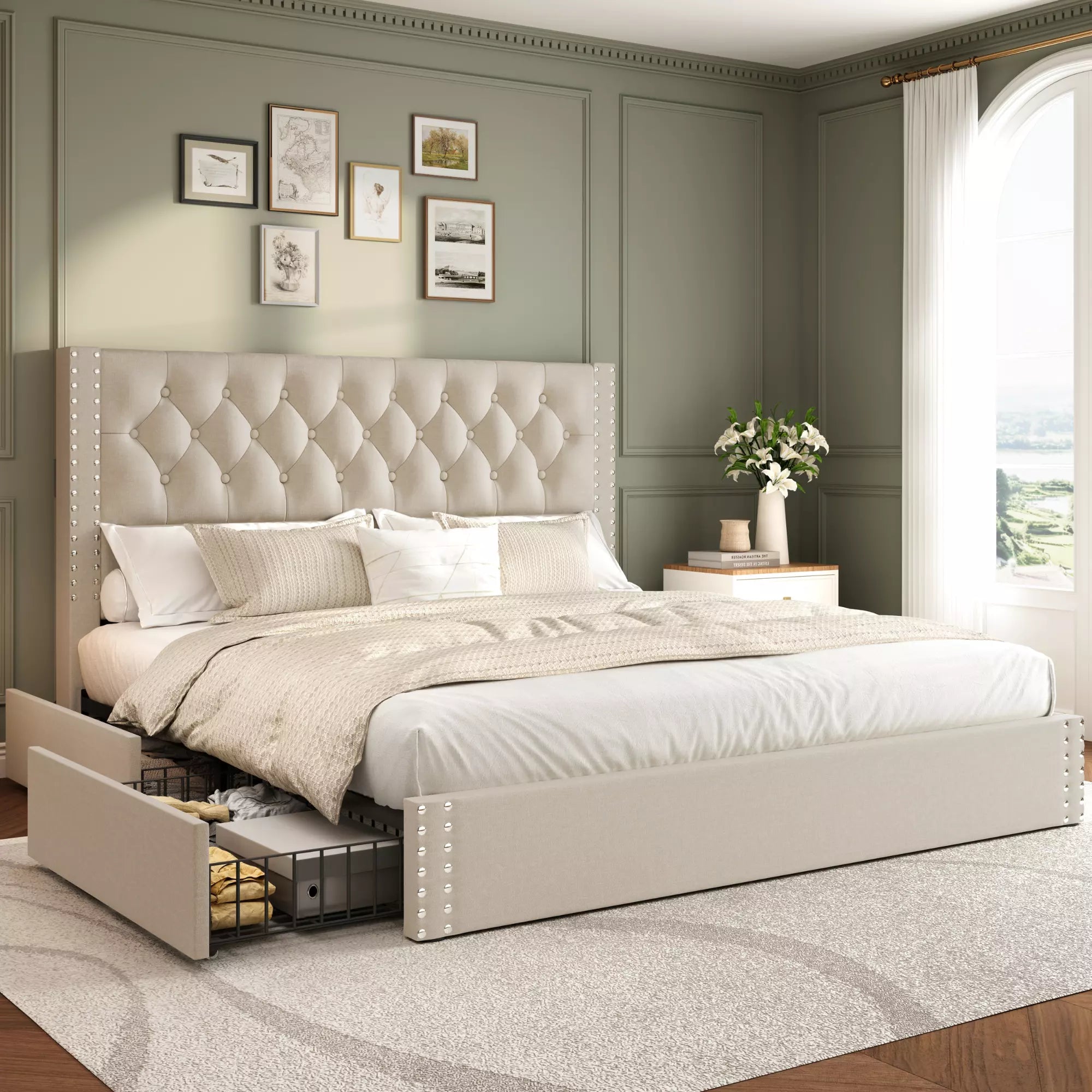 Vella Linen Bed Frame with Storage Drawers | Upholstered Platform Bed | Queen & King