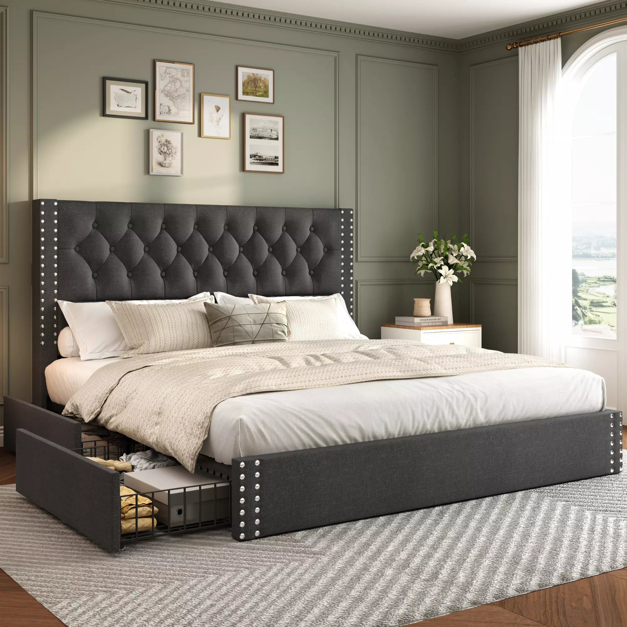 Vella Linen Bed Frame with Storage Drawers | Upholstered Platform Bed | Queen & King - Image 7
