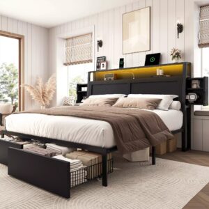 ShelfLit Bookcase Bed Frame with Drawers | LED Lighting, Charging Station & Storage | Queen & King
