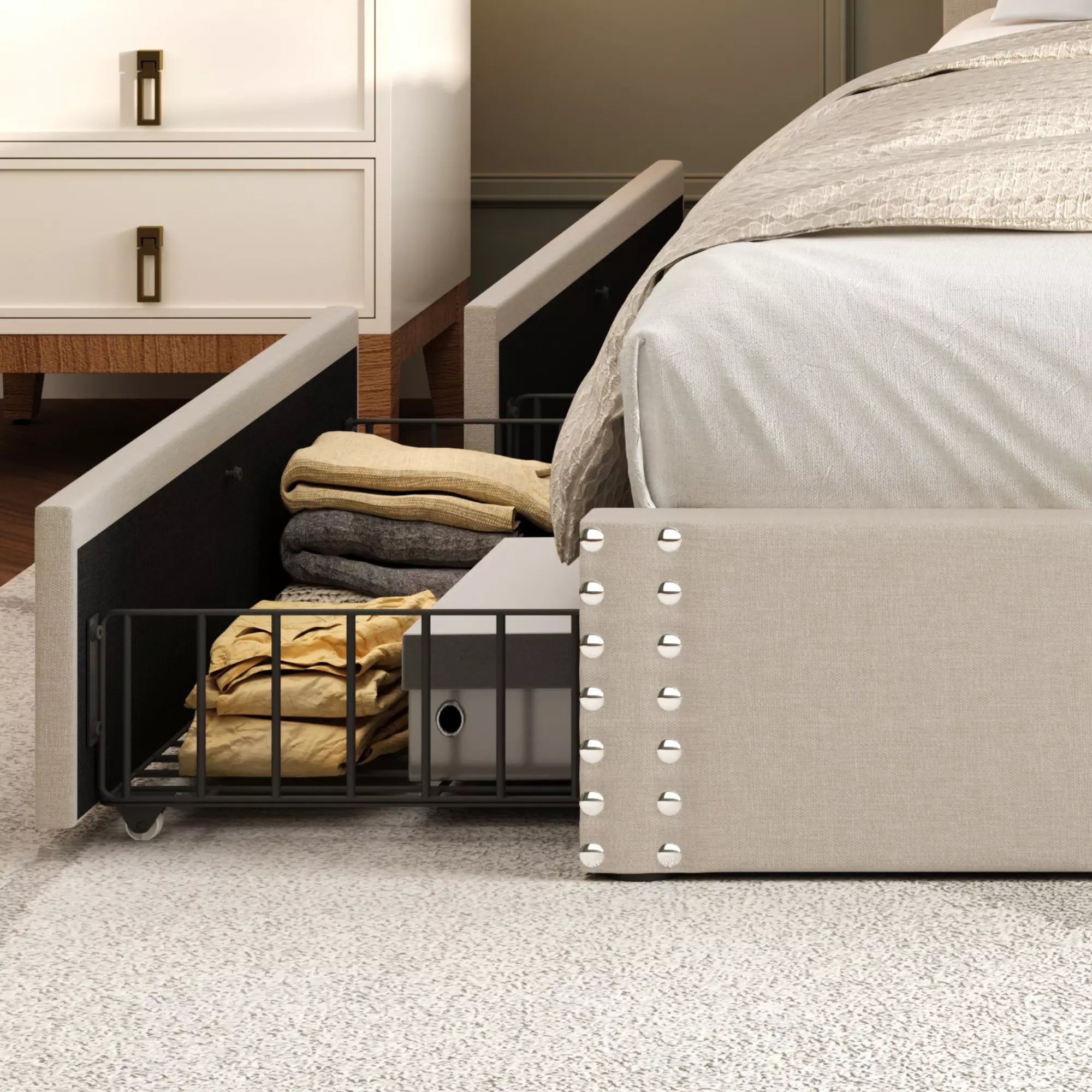 Vella Linen Bed Frame with Storage Drawers | Upholstered Platform Bed | Queen & King - Image 3