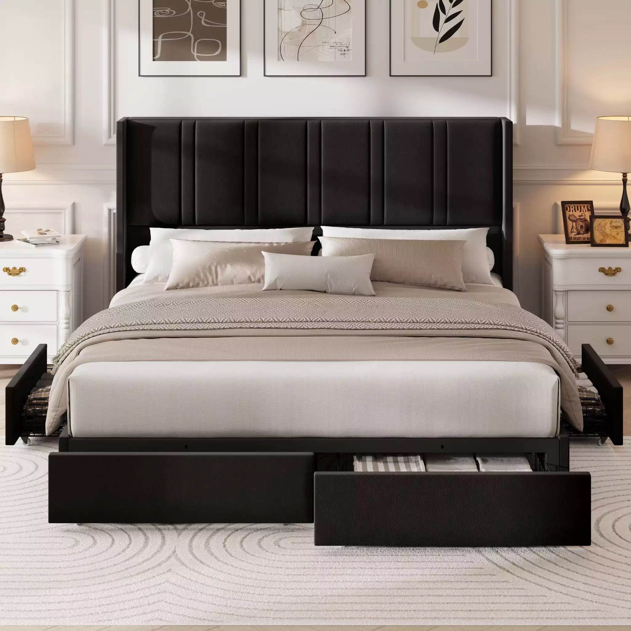 Modro Linen Bed Frame with Storage Drawers | Wingback Headboard | Queen & King - Image 26