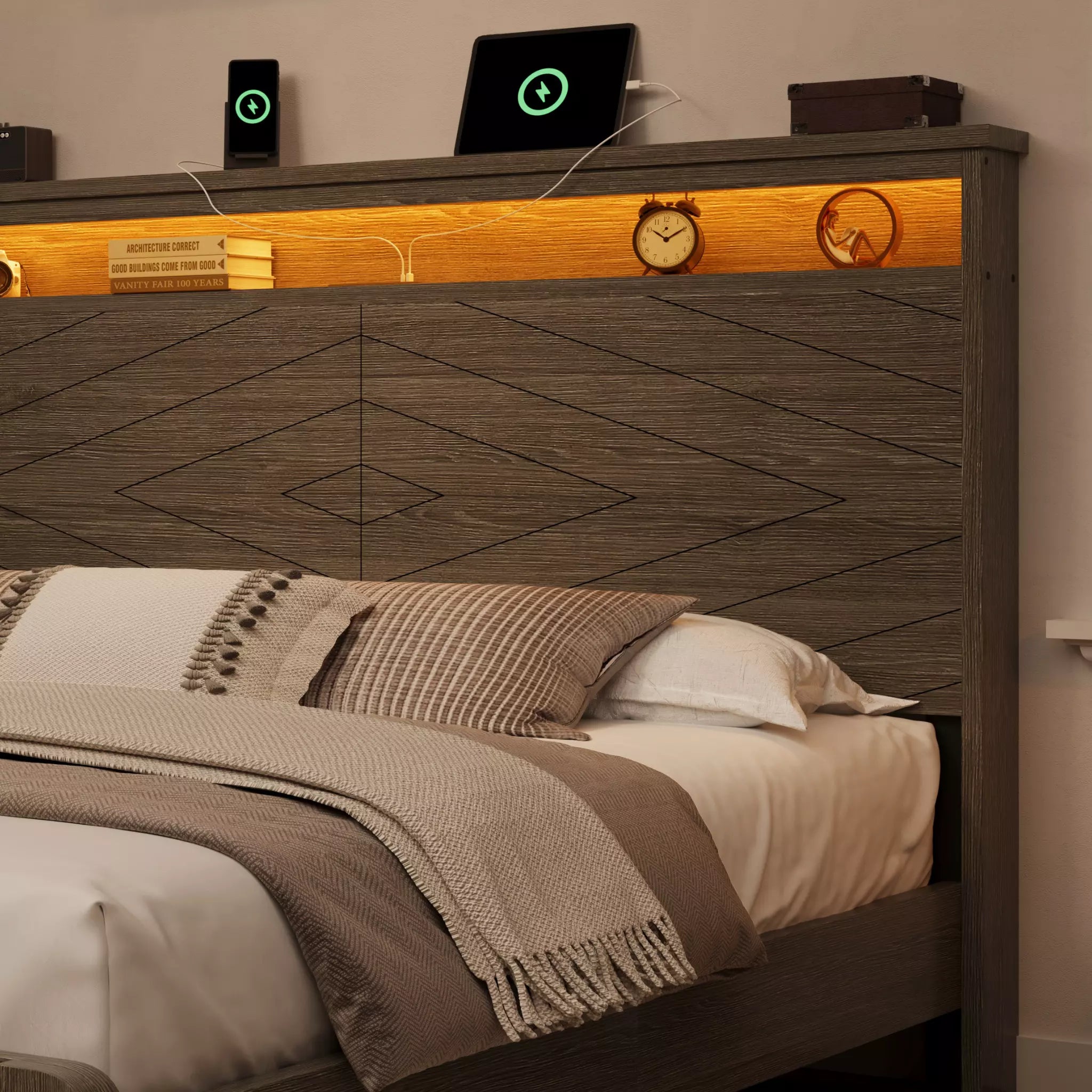 Arlo Farmhouse Platform Bed Frame | Storage Shelf Headboard, LED Lights & Charging Hub | Queen & King - Image 15