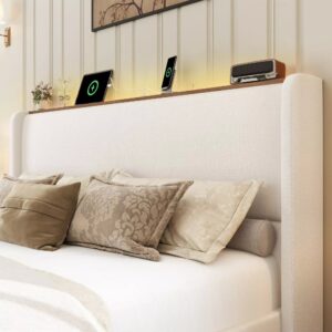 Alternative view of Arc Linen Wingback Bed Frame | 51" Headboard, RGB LED Light & Charging Station | Queen & King