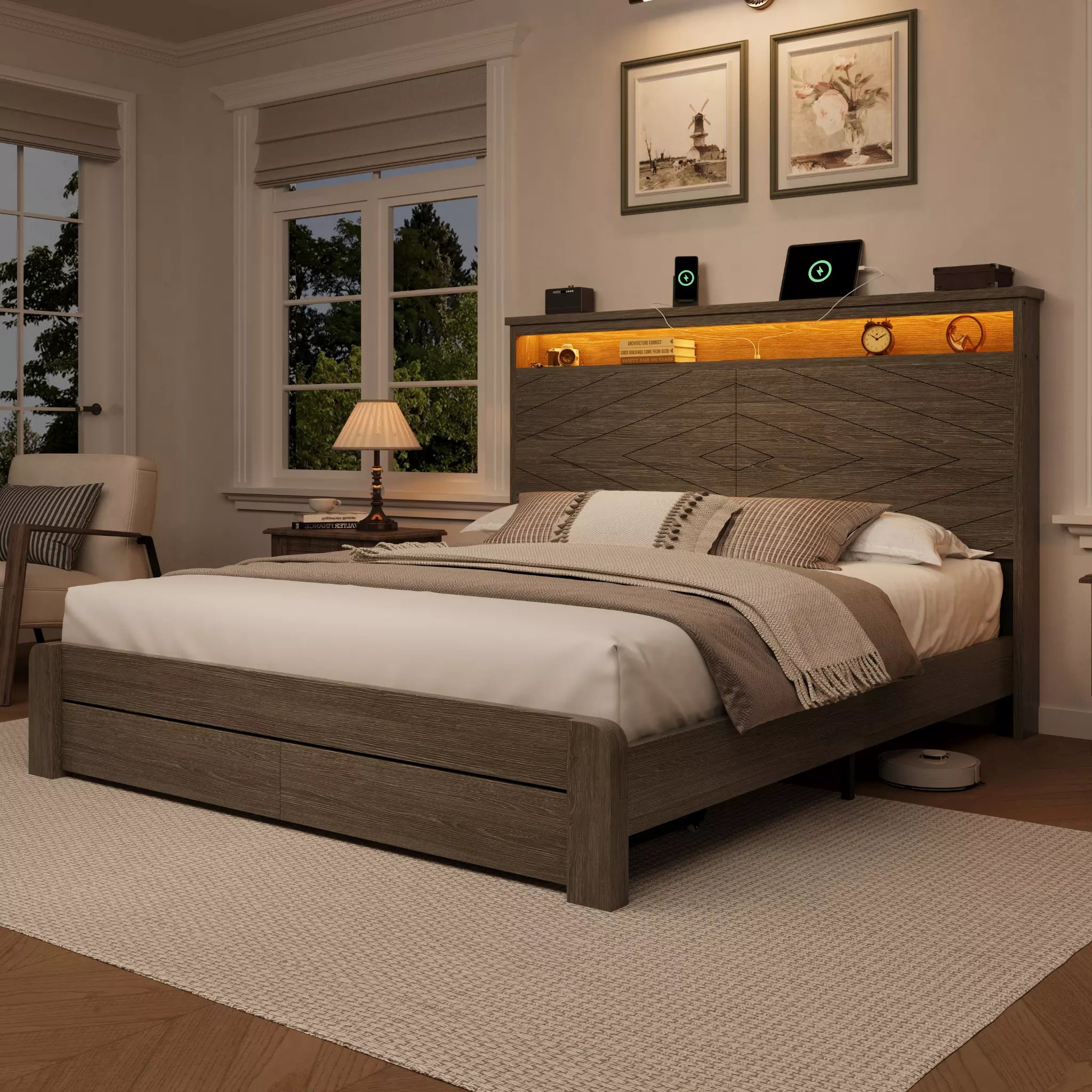 Arlo Farmhouse Platform Bed Frame | Storage Shelf Headboard, LED Lights & Charging Hub | Queen & King - Image 16