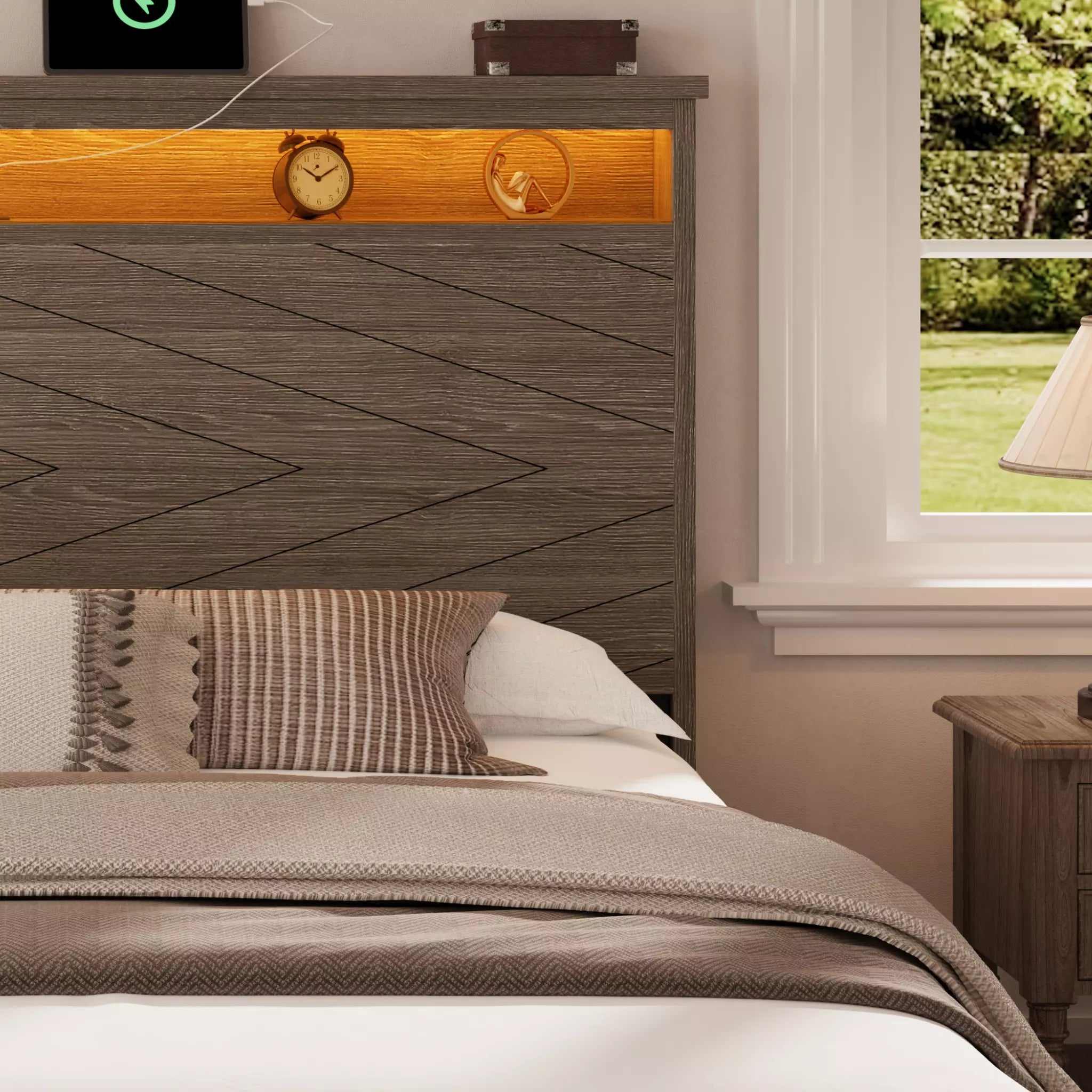 Arlo Farmhouse Platform Bed Frame | Storage Shelf Headboard, LED Lights & Charging Hub | Queen & King - Image 13